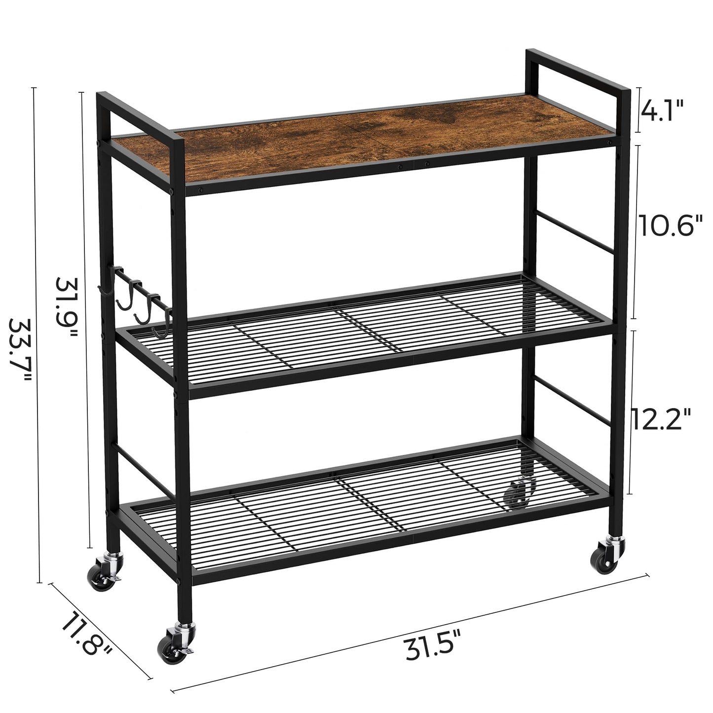 XIVIRACK 3-Tier Metal Storage Rack with Industrial Wheels,Mesh Shelving Unit with Wooden Table top,Adjustable Shelf,31.5-Inch Width, for Kitchen, Laundry,Pantry,Plant,Black
