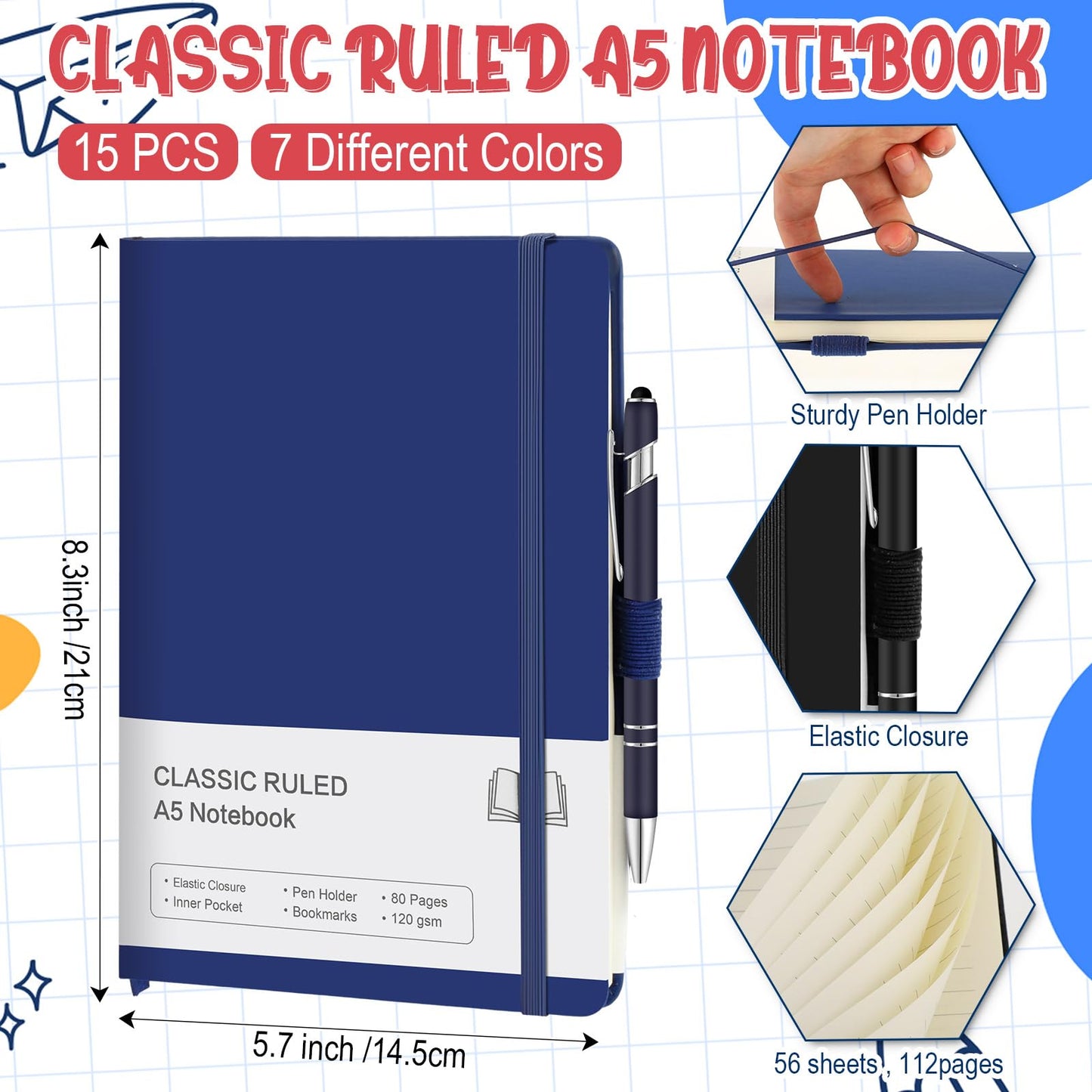 Qeeenar 15 Pack Journal Notebook Bulk A5 Hardcover Notebook Classic Journal Set with Pen Holder with 15 Pcs Pens for School Business Work Travel Writing (Multicolor)