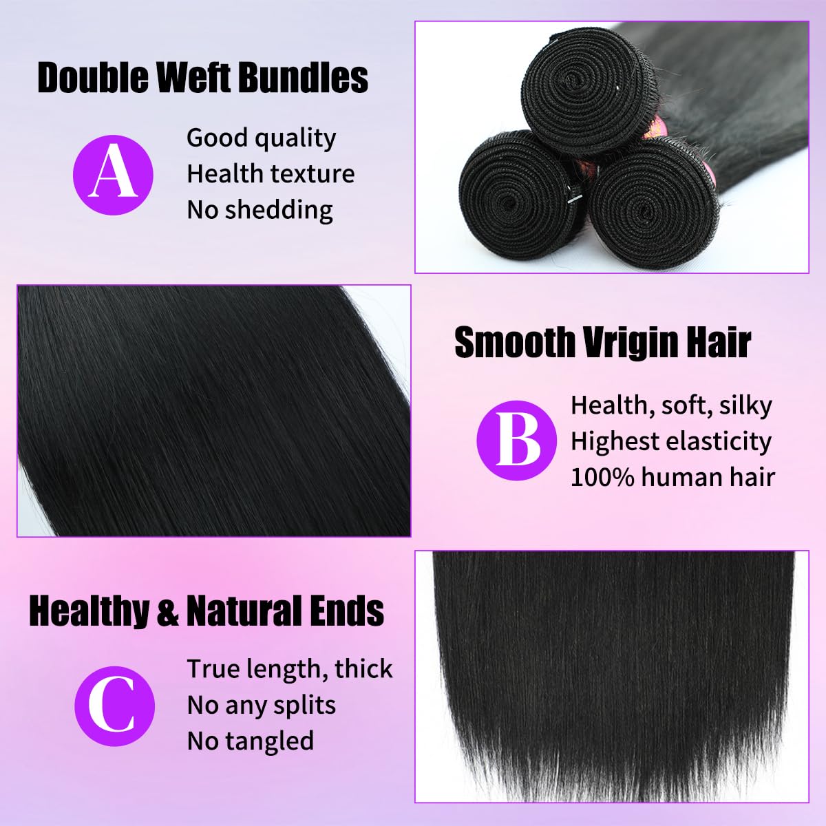12A Human Hair Bundles 22 24 26 Inch Straight Human Hair 3 Bundles Brazilian Virgin Hair Straight Weave Human Hair Extensions Natural Color