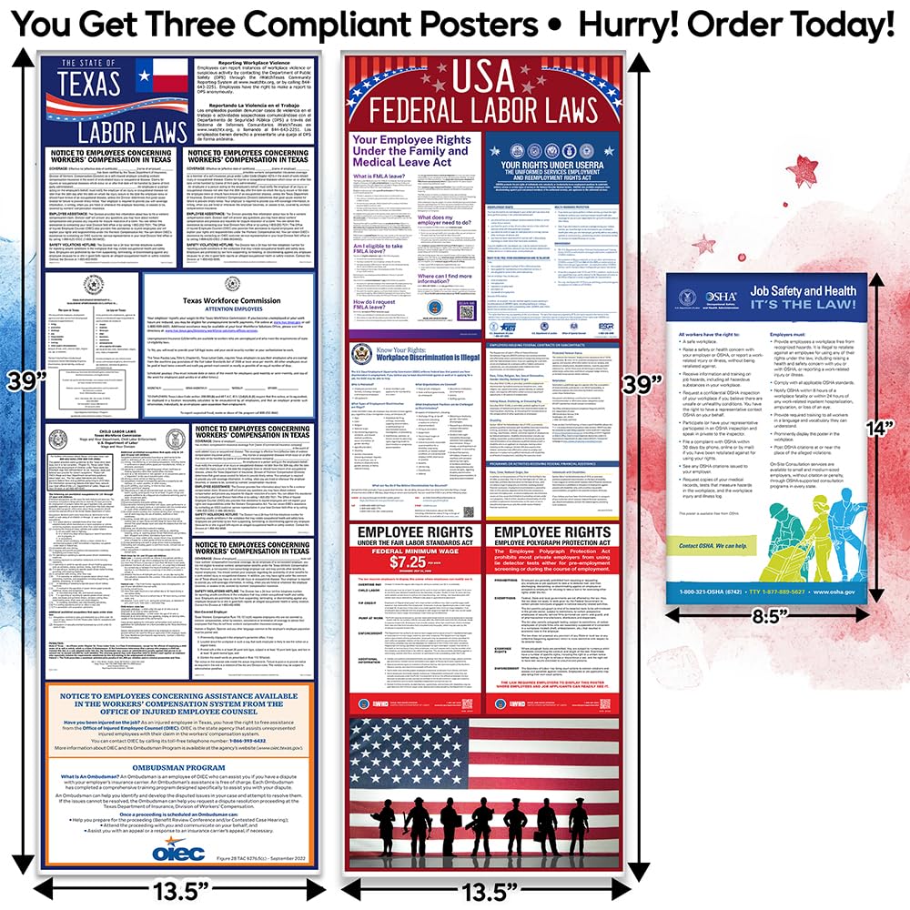 2026 All-in-One Labor Law Poster Pack of 1– Texas State Federal OSHA Compliant Workplace Posters Laminated Employee Rights Minimum Wage Sign HR Office Compliance Bulletin Board Business Regulation Set