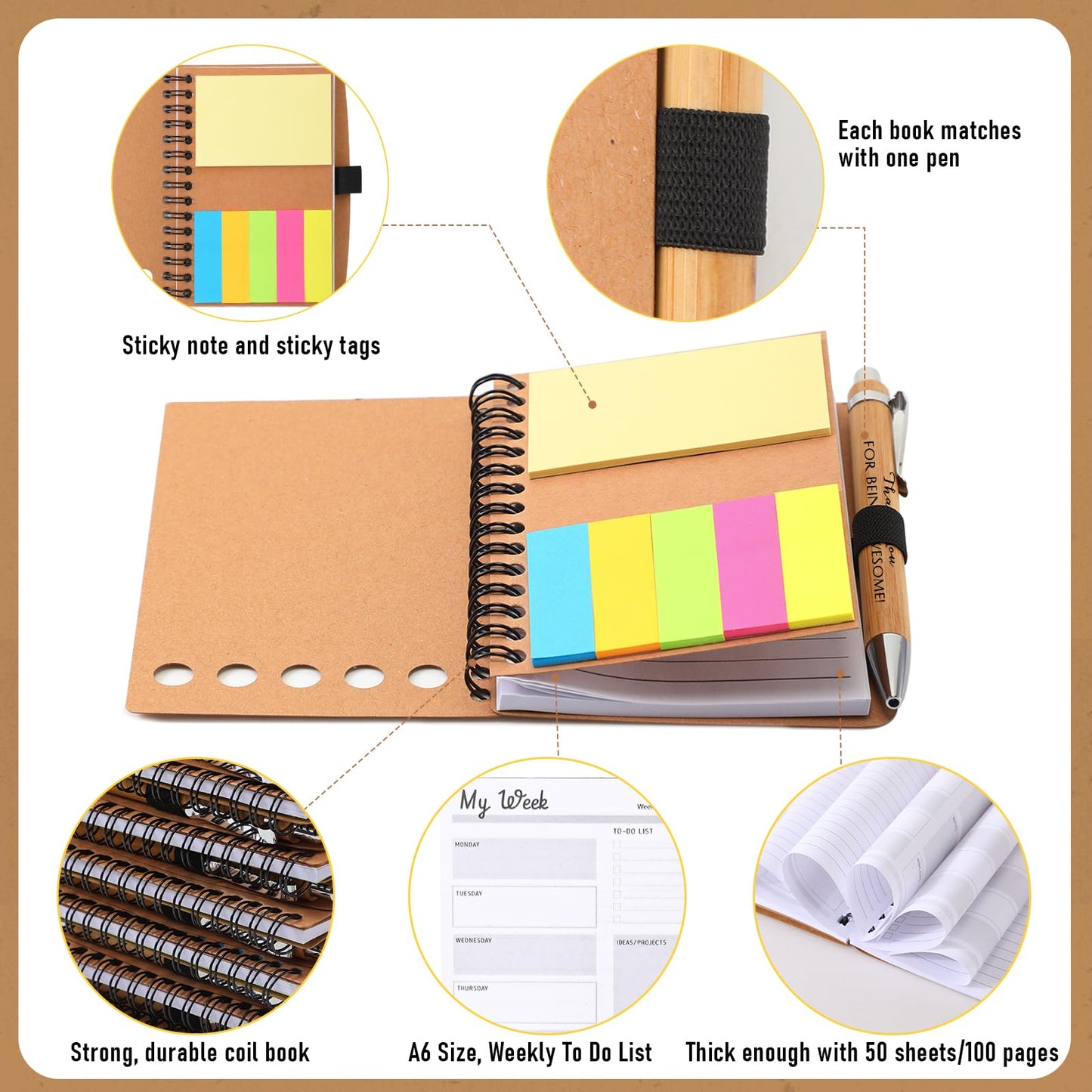 20 Sets Employee Appreciation Gift Bulk for Nurse Teacher Thank You Being Awesome Weekly Planner Notebook Pen Sticky for End of Year Teacher Nurse Staff Coworker Graduation (Bamboo,Kraft Colors)