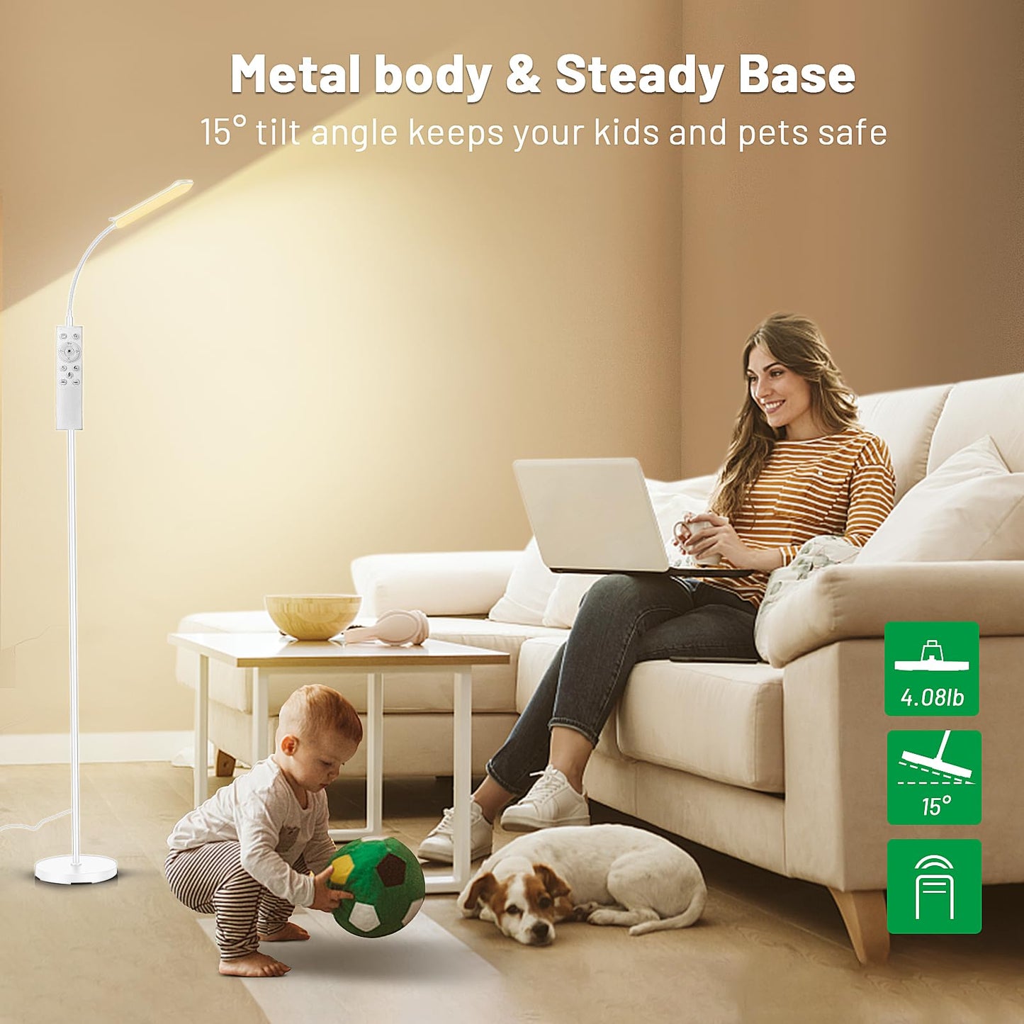 Yikuneng Dimmable LED Floor Lamp, Super Bright Reading Lamps Floor Standing Lamp with Remote & Touch Control, Stepless Dimming & 2700K-6500K Color Temperature, for Living Room Bedroom Office, White