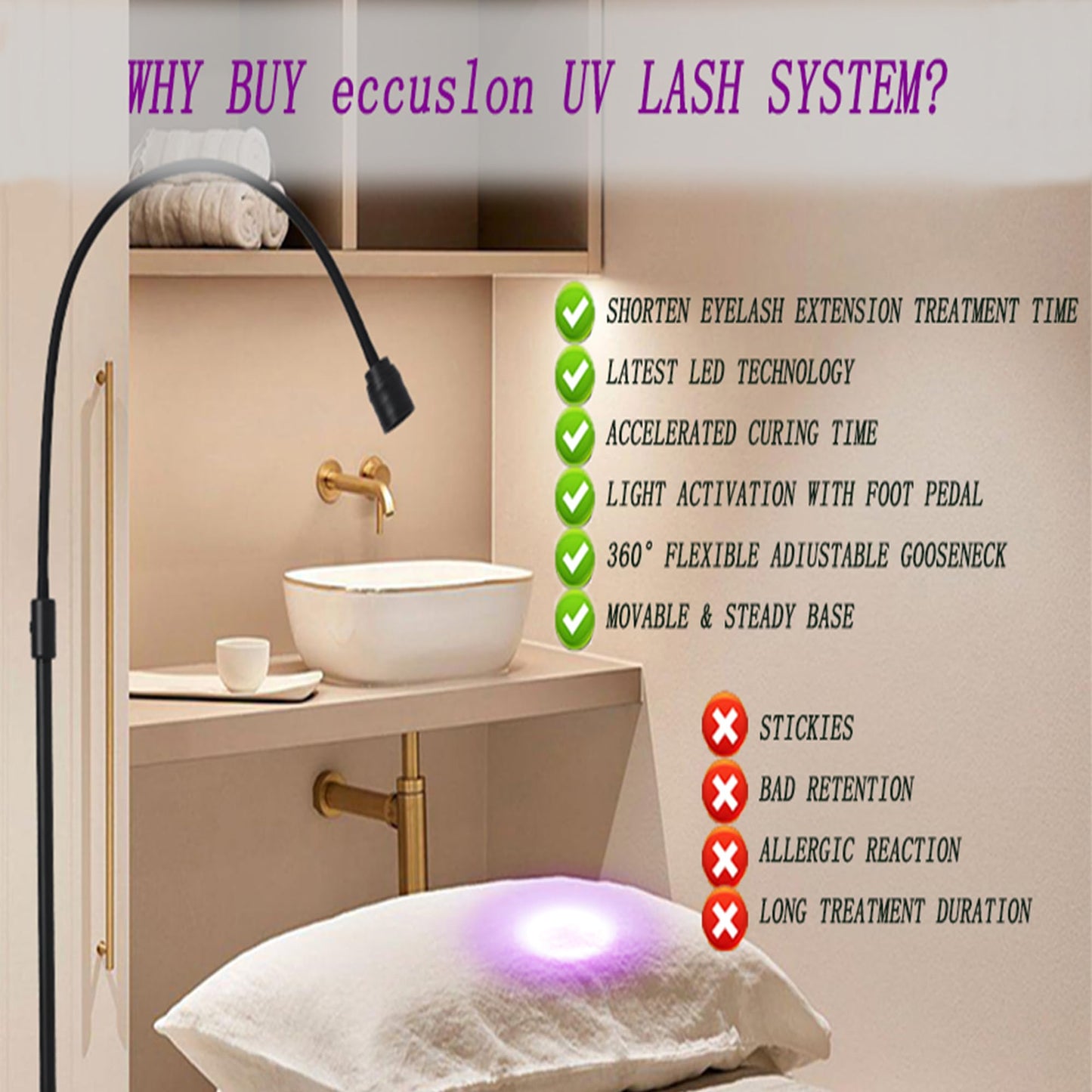 12W UV Lash Light with Foot Pedal, Rapid Dry in 2 Seconds Lash Lamp for Eyelash Extension Grafting Eyebrow Beauty Salon, Adjustable Angle and Light Spot Size, Lash Lamp for Eyelash Tech (White)