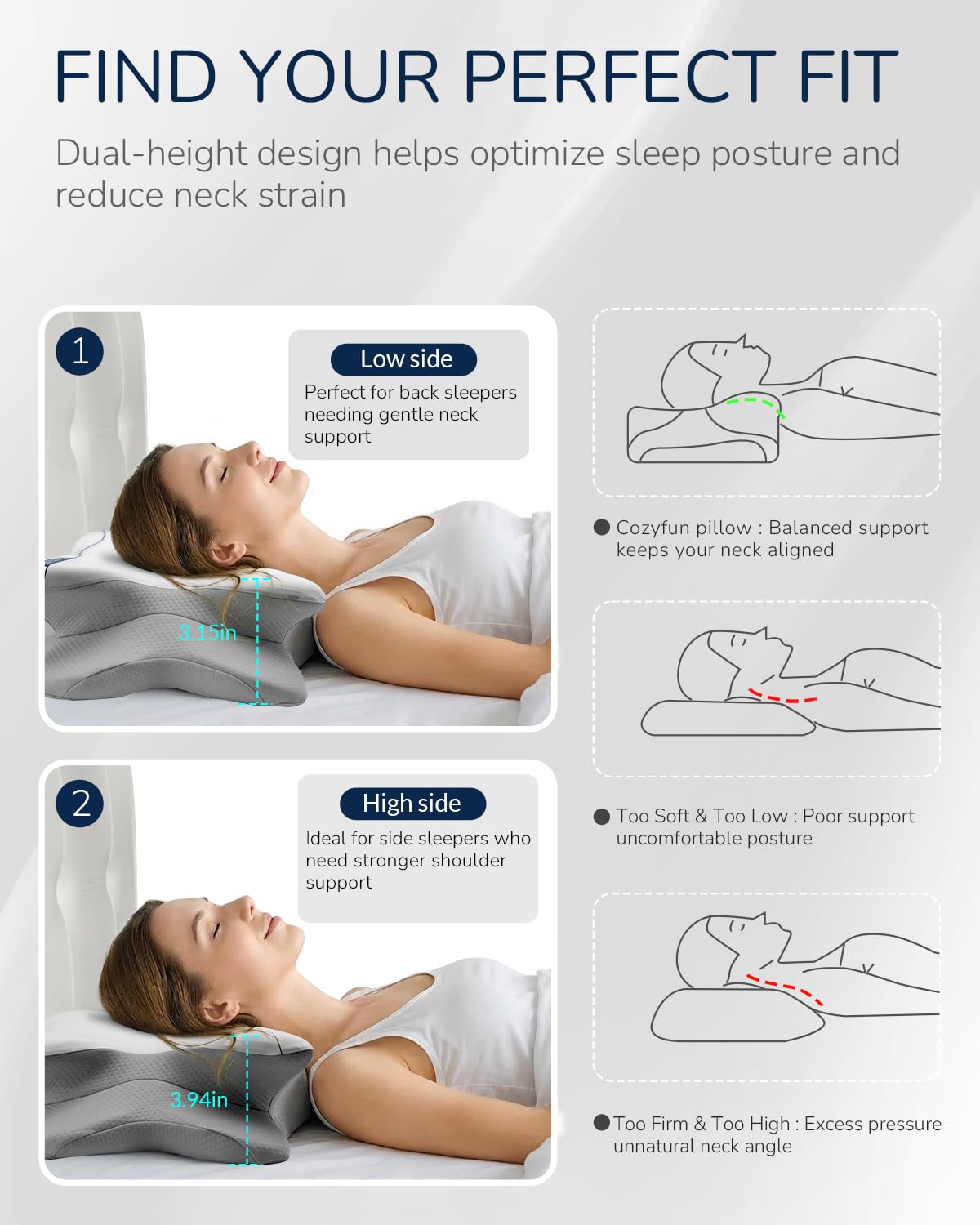 Cozyfun Cervical Neck Pillow for Side & Back Sleepers, Ergonomic Memory Foam Pillow for Sleep Apnea, Neck Pain Relief, Neck Support Pillow with Washable Pillowcase, Supportive Bed Pillow for Neck