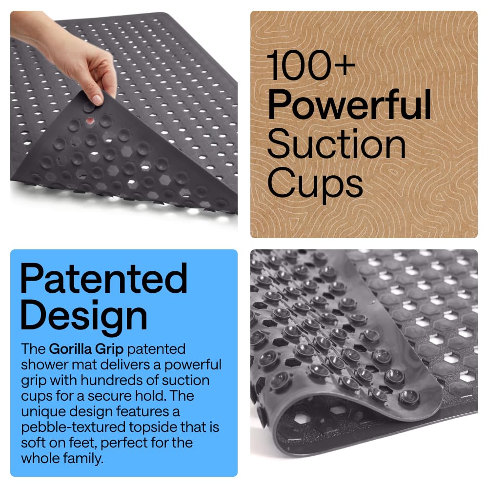 GORILLA GRIP Patented Bath Tub Shower Mat, Machine Washable Bathtub Floor Liner Mats, Suction Cups and Drain Holes to Keep Tubs Clean, Soft on Feet, Bathroom Essentials, 35x16 Inch, Beige