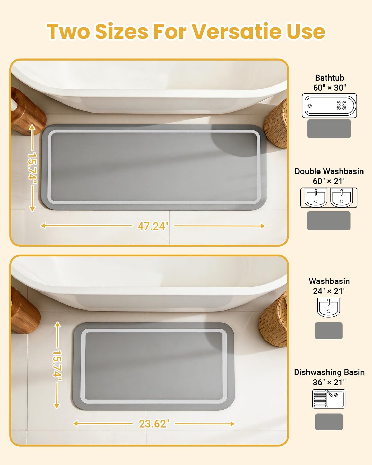 Soft Diatomaceous Earth Bath Mat, Quick Dry Bathroom Mats 2 Piece, Gray Super Absorbent Bath Mat Set, Washable Non Slip Bathroom Rugs, Stone Bath Mats Alternative, 15.74" x 23.62" Plus 15.74" x 47.2"