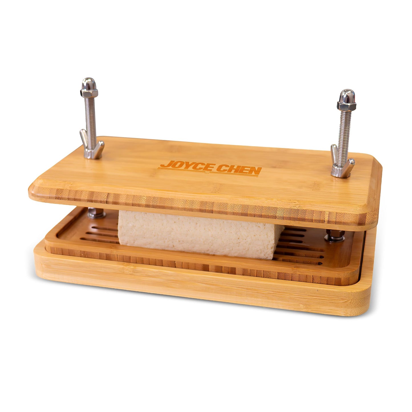 Joyce Chen Bamboo Tofu Press, Built-In Drainage Grate & Removable Drip Tray, Adjustable Dual Tension Screws, Easily Remove Water from Tofu, Mess-Free Tofu Drainer