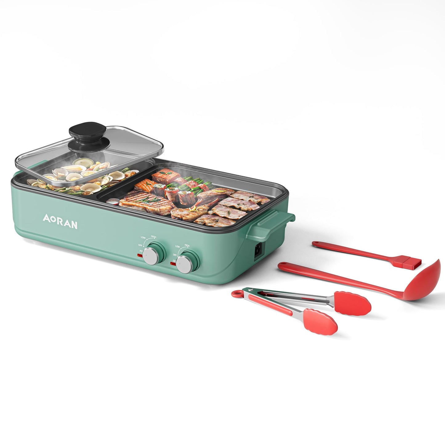 AORAN Electric Hot Pot with Grill, 2-in-1 Indoor Non-Stick Pot for Korean BBQ, Shabu Shabu & Noodles, Dual Temperature Control, Quick Heating with Bonus Accessories Green
