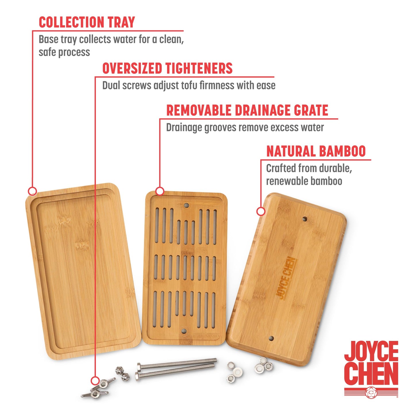 Joyce Chen Bamboo Tofu Press, Built-In Drainage Grate & Removable Drip Tray, Adjustable Dual Tension Screws, Easily Remove Water from Tofu, Mess-Free Tofu Drainer