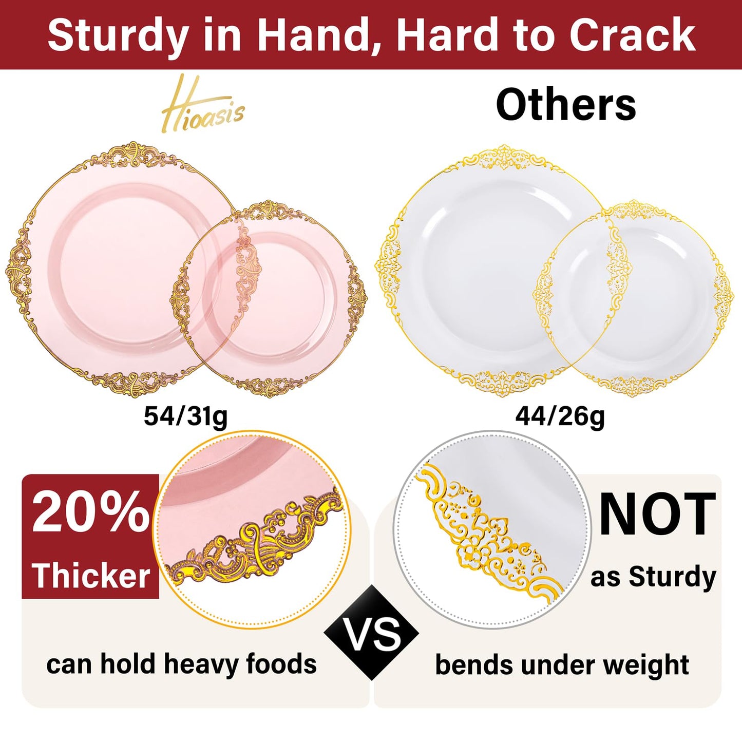 Hioasis 175pcs Pink and Gold Plates - Pink Party Plates for 25 Guest, Include 50 Heavy-duty Plates(20% Thicker Than Standard), 75 Cutlery Set, 25 Napkin, 25 Cups for Party & Easter