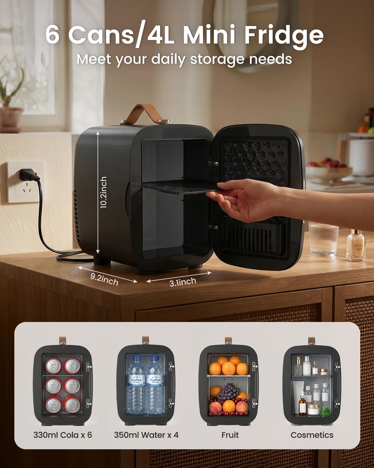 FANSEXPERT Cosmetic Fridge, Portable Mini Fridge for Skincare Food Drinks, 4L/6 Can Electric Plug In Cooler & Warmer, AC/DC Skincare Refrigerator for Bedroom Office Car Dorm (Black)