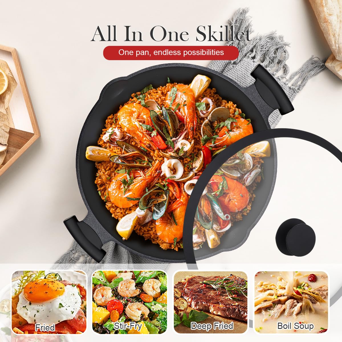 Bobikuke 14-Inch Large Deep Frying Pan Skillet with Lid, 5-Quart Non stick Saute Pan, 2-In-1 Nonstick Sauté Pan Everyday Pan with Lid, Compatible with All Stoves, PTFE & PFAS-Free