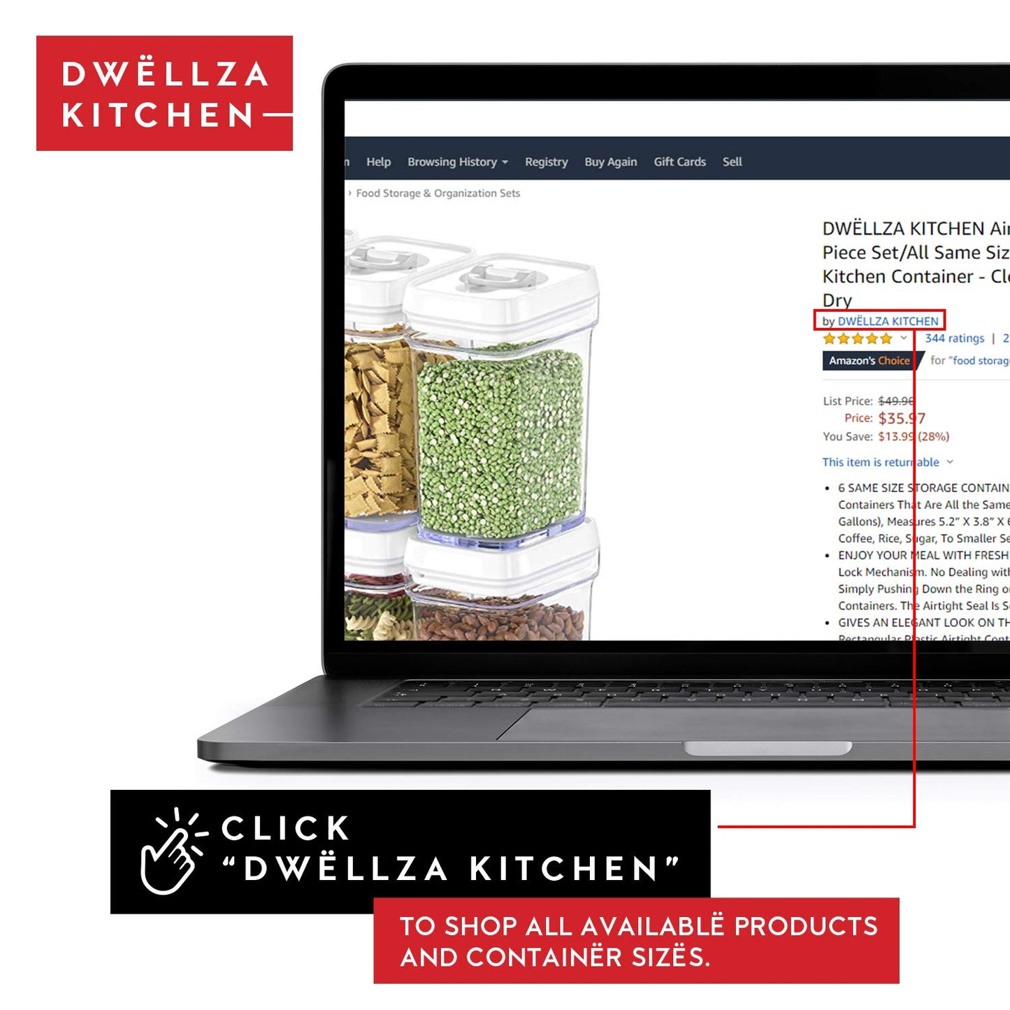 DWËLLZA KITCHEN Airtight Food Storage Containers for Pantry With White Lids 1L - 6 Pack - Clear Plastic Air Tight Kitchen Containers Pantry Organization and Storage BPA-Free Keeps Food Fresh & Dry