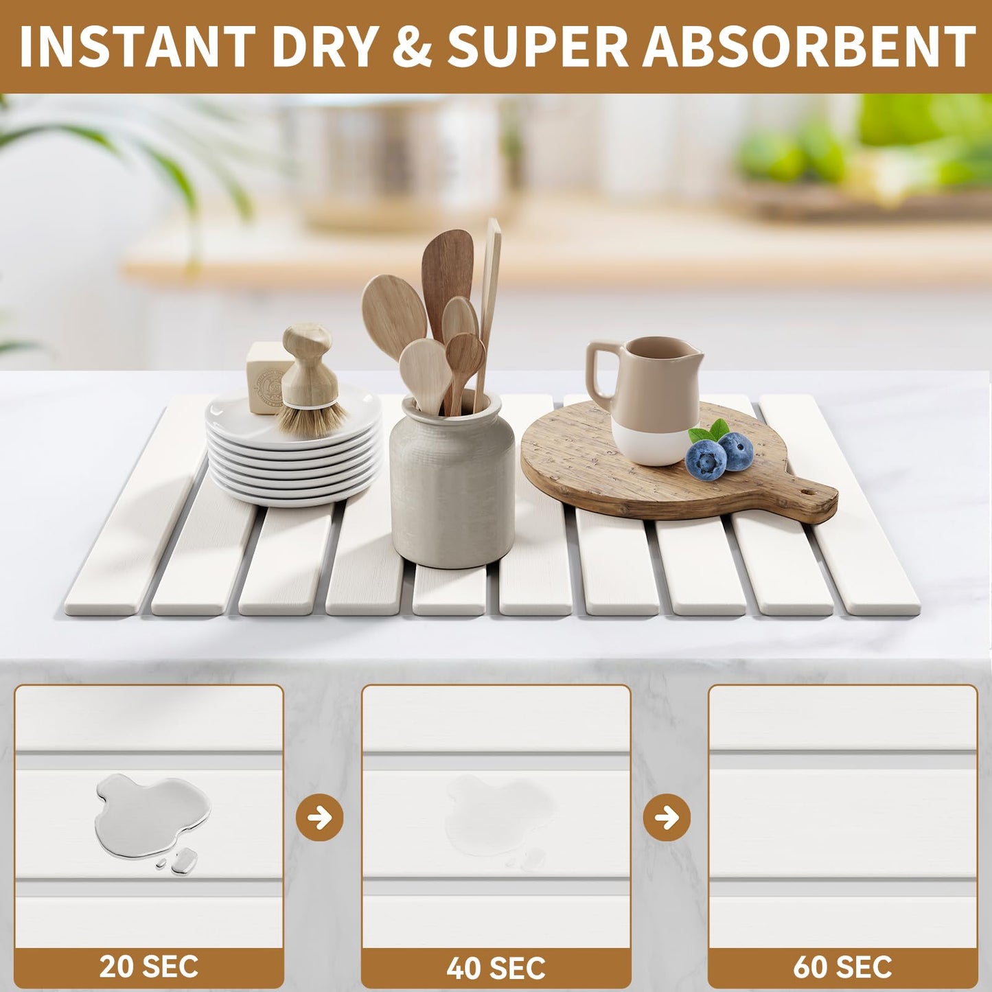 Large Stone Dish Drying Mat for Kitchen Counter,23.6''x15.3'' Foldable Quick Dry Stone Kitchen Mat,Eco-Friendly,Absorbent Diatomaceous Earth Mats for Dishes Bottles Cups Bathroom Any Countertop-White