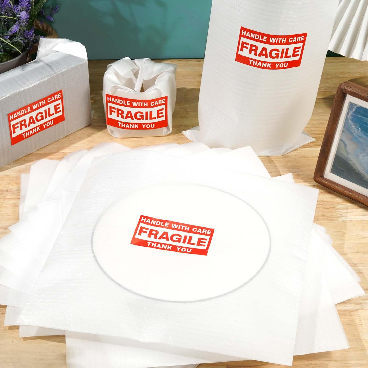500pcs Cushioning Foam Pouches Moving Supplies, 4 Sizes (12x12inch,12x12inch sheets,12x7.5inch,7.5x7.5inch) Use Packing Supplies for Moving, Packaging, Storage Incidental 300 Fragile Stickers, clear