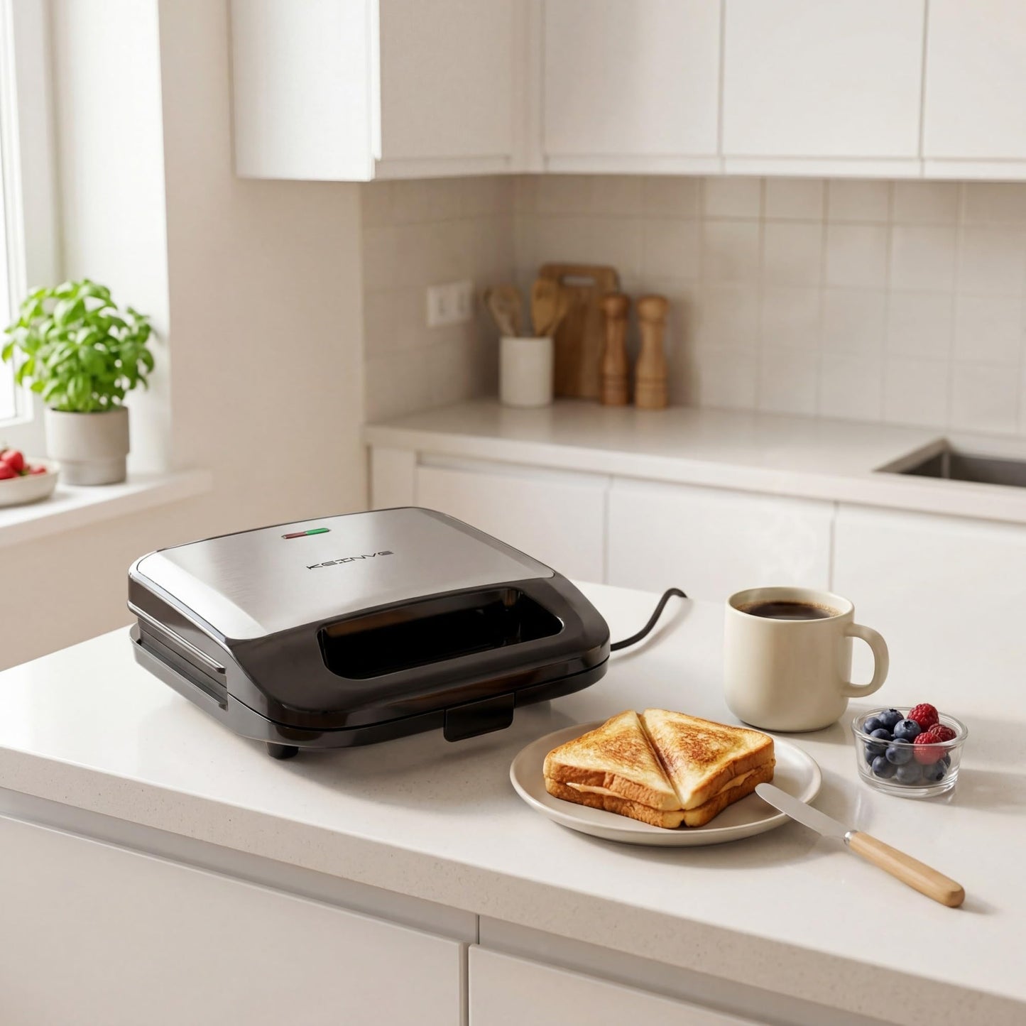 KEINVE 3-in-1 Sandwich Maker, Waffle Maker and Panini Press Grill, 800W Electric Breakfast Machine with 3 Detachable Non-Stick Plates, LED Indicator Lights, Cool Touch Handle with Latch, Black