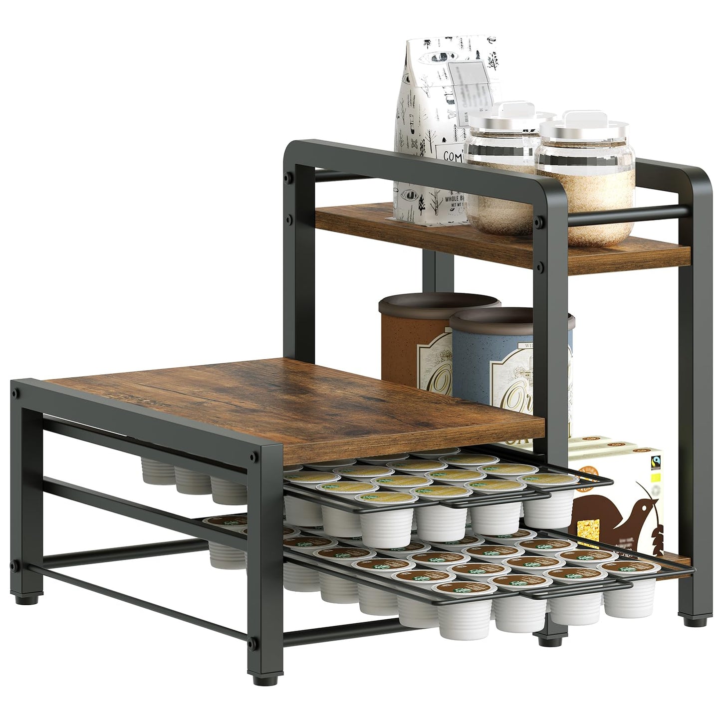 YATINEY Coffee Pod Drawer Holder, Holder for K Cup, Coffee Pod Organizer with 2-Tier Sliding Storage Drawer and Countertop, 56 Pods Capacity, Rustic Brown and Black KH01BR