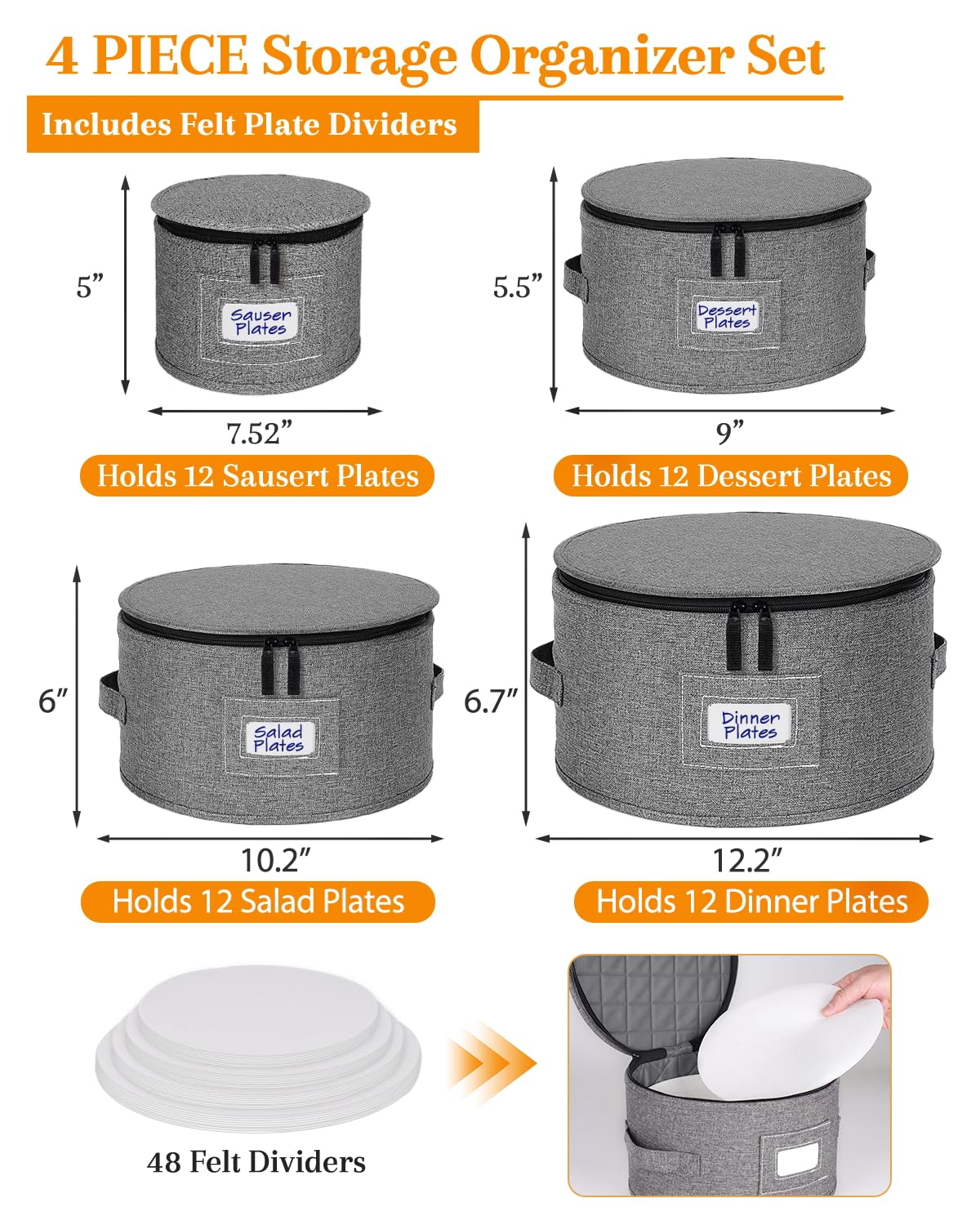 punemi China Storage Containers, Dish Storage w/Hard Shell Top Side Bottom Support & Felt Dividers for Charger Plates Dinnerware, Perfect for Moving Supplies, 4 set Stackable Fine China Storage, Gray