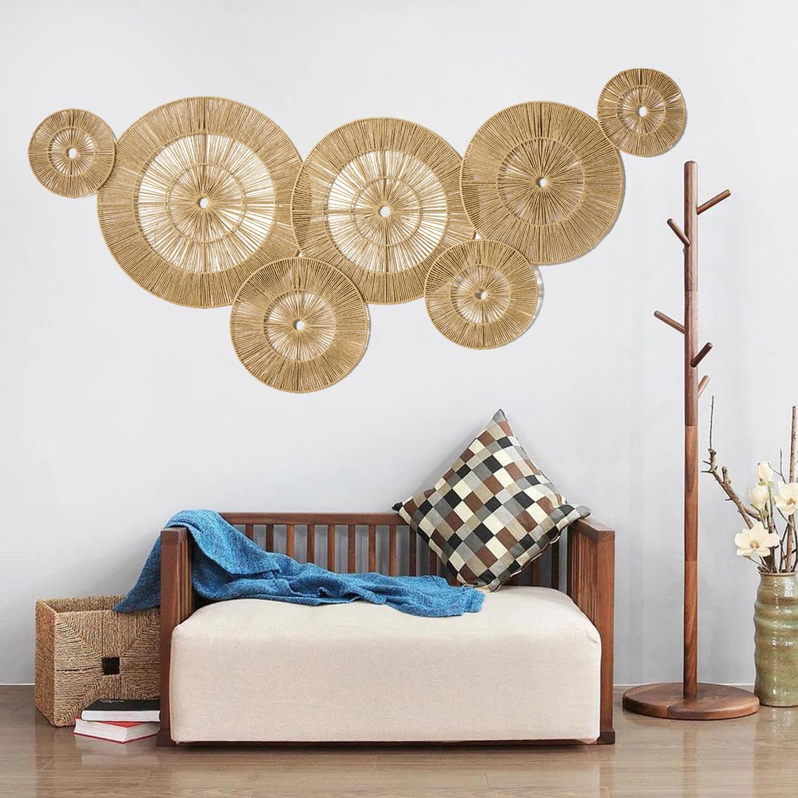 Mokof 7 Pack Boho Wall Baskets Decor Set (17", 15", 13", 11", 9", 7", 7") - Natural Paper Rope Round Wall Art for Living Room, Bedroom, Dining Room, Bohemian Home Decor - - Versatile Wall Arrangements (Neutral Brown)