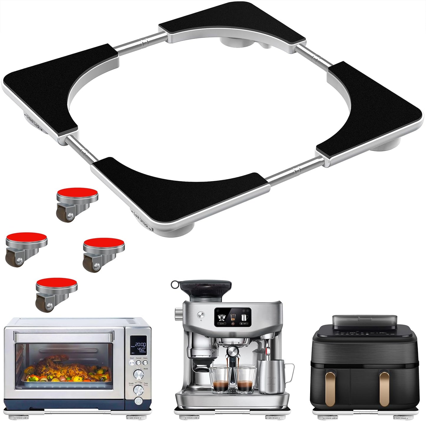 Adjustable Appliance Slider Tray - Expandable 6" x 11"- 11" x 20" Sliding Tray for Kitchen Appliances - 360° Countertop Rolling Tray with Locking Brakes for Coffee Makers Mixers