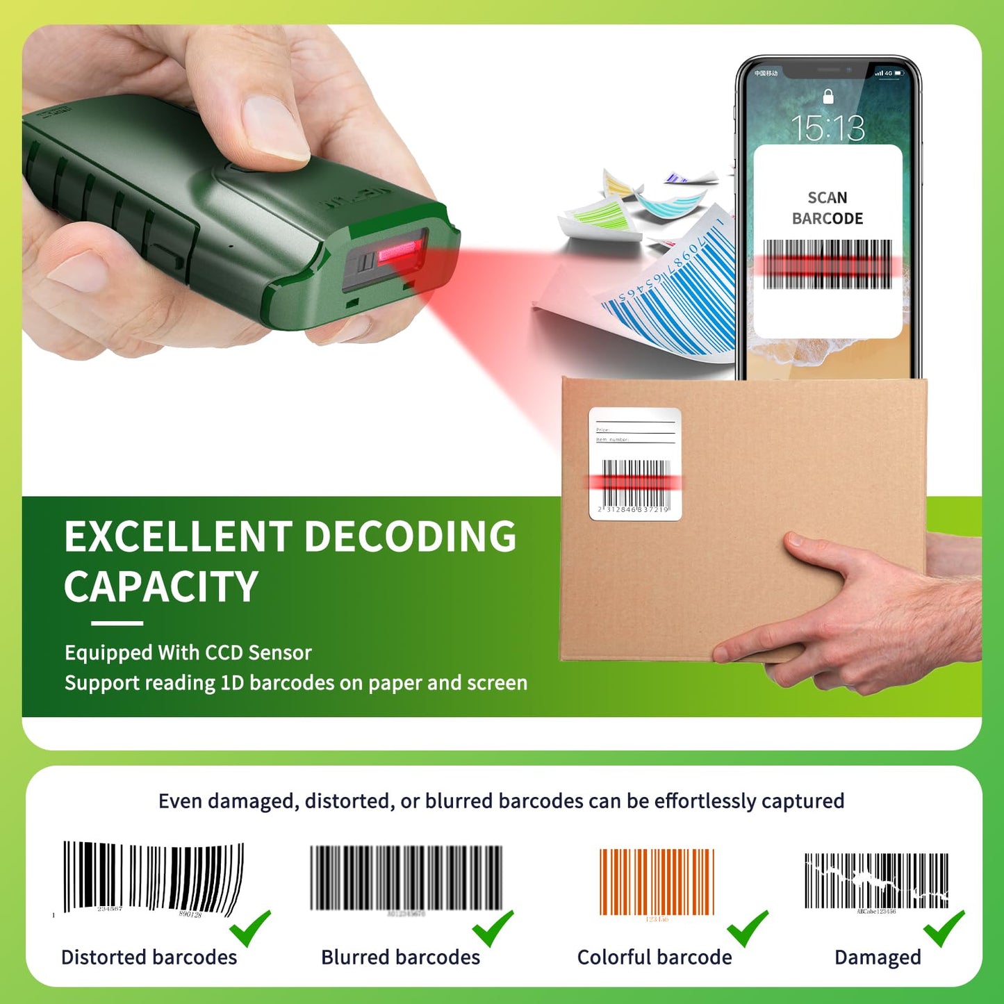 NETUM Bluetooth 1D Barcode Scanner, 3-in-1 Small Portable CCD Bar Code Reader Automatic Wireless Gun Scan Back Clip Work with Tablet iOS Android Windows MacOS for Warehouse Inventory POS (1D - E740)
