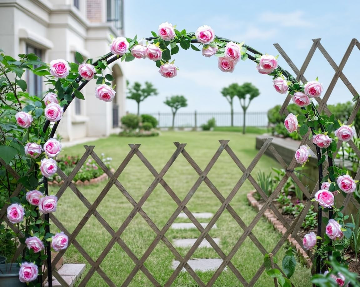 zhixinyue 2Pcs 12Ft Bendable Artificial Flower Garland Faux Rose Vine Hanging Floral Garland for Wall Decor Trellis Fence Home Room Garden Wedding Decoration(Pink, 2pcs)