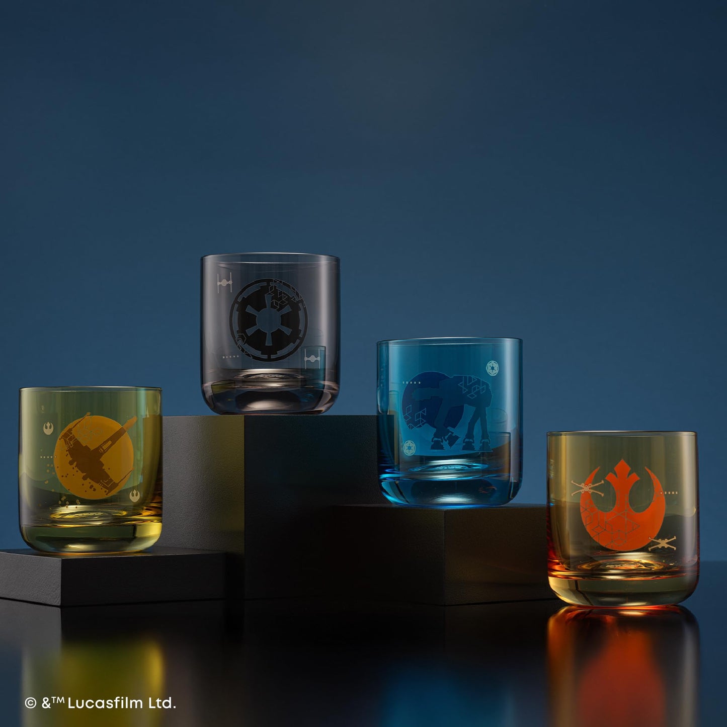 JoyJolt Star Wars Galactic Icons Short Drinking Glasses Set of 4, 10oz Glass Tumbler Cup Set, Kitchen Glasses Set, Colored Collectible Glassware, Star Wars Gifts