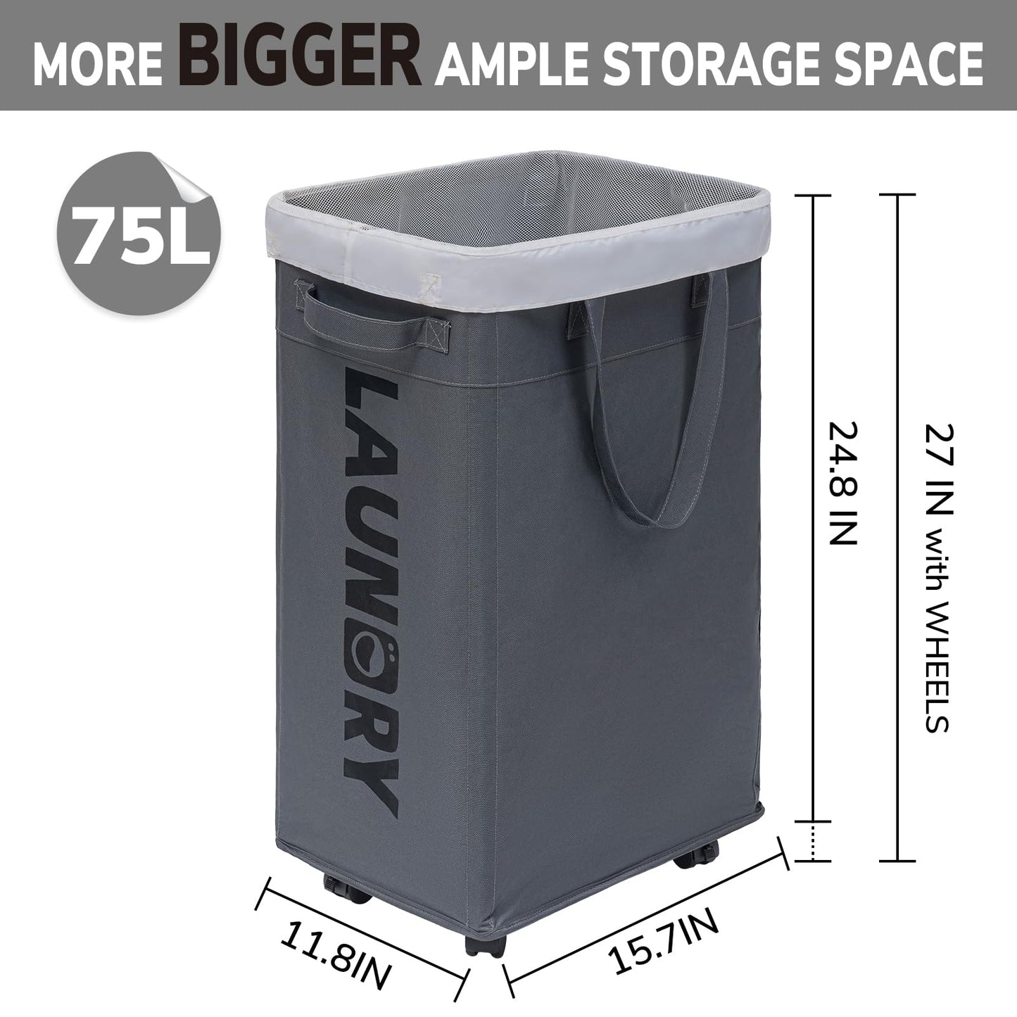Goodpick Hamper with Wheels, 2-Pack 75L Foldable Laundry Baskets with Removable Wash Bags, Dirty Laundry Basket for Corner Dorm,Grey