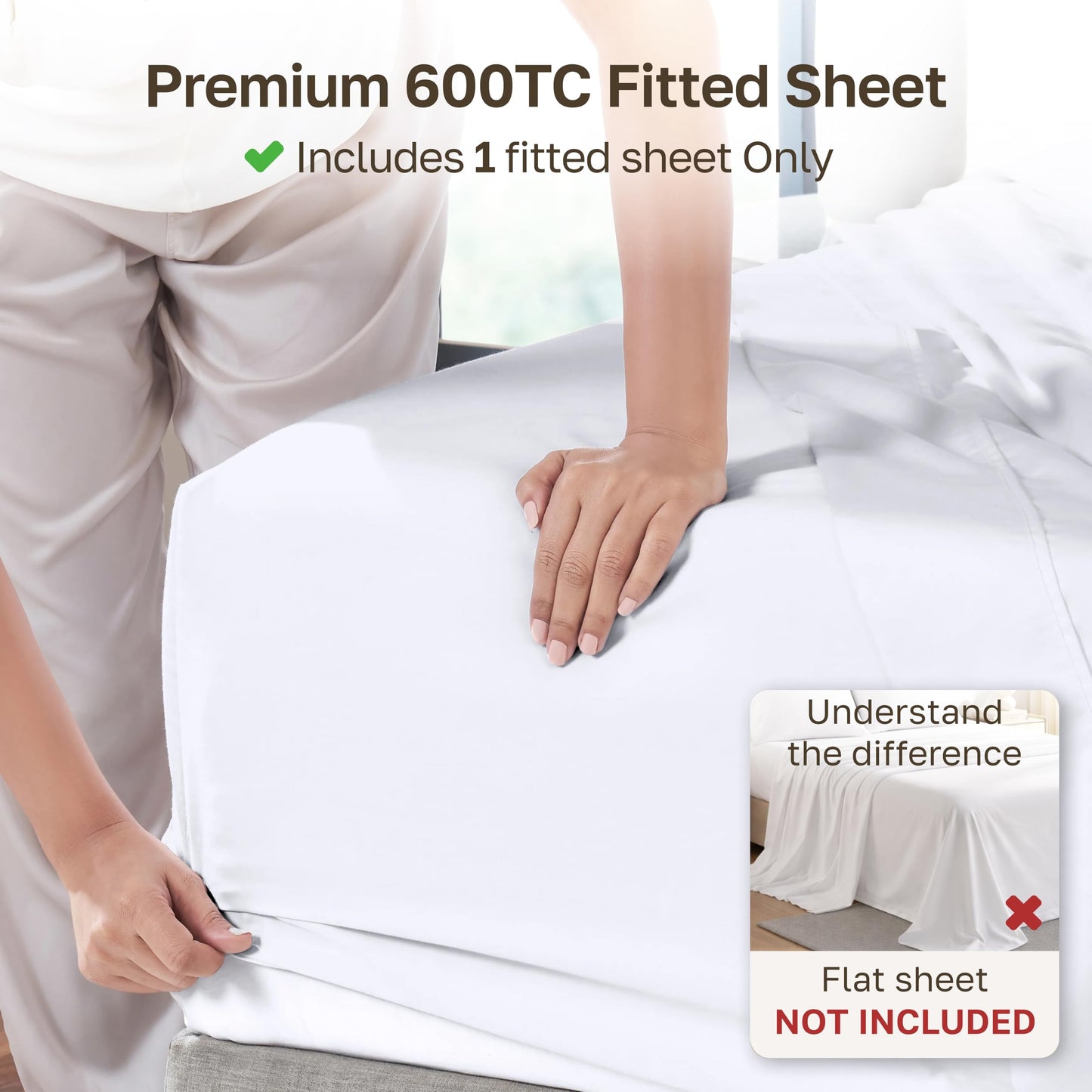 California Design Den Queen Size Fitted Sheet Only - 100% Cotton, 600 Thread Count, Soft Deep Pocket Bottom Fitted Sheet, Sateen Weave, Premium-Feel Bedding, Featuring Foot Side Indicator - White