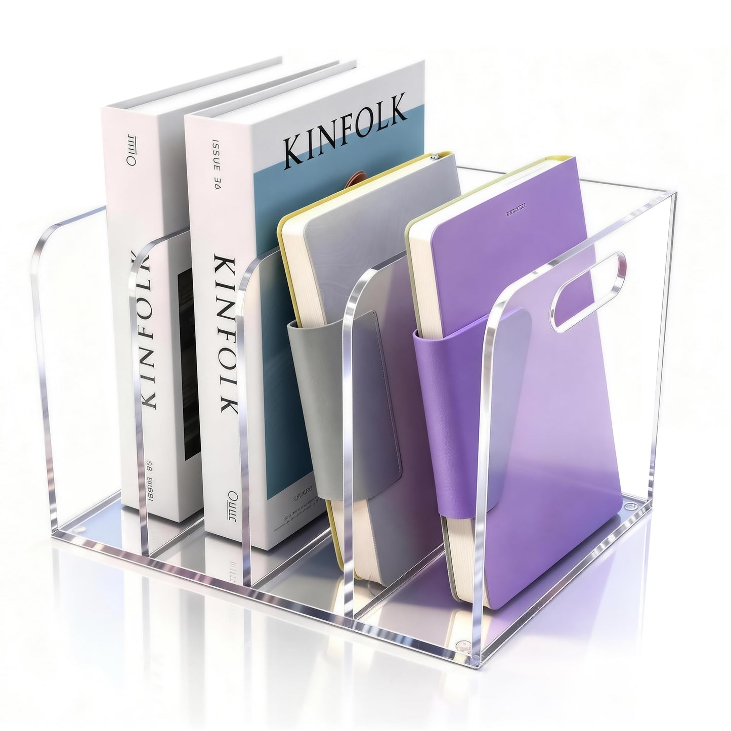AIDIMOO 4 Vertical Compartments Clear Acrylic Magazine & File Holder – Multipurpose Desk Organizer for Office, Tablets, Magazines, Books – Documents/Home/Classroom Rack