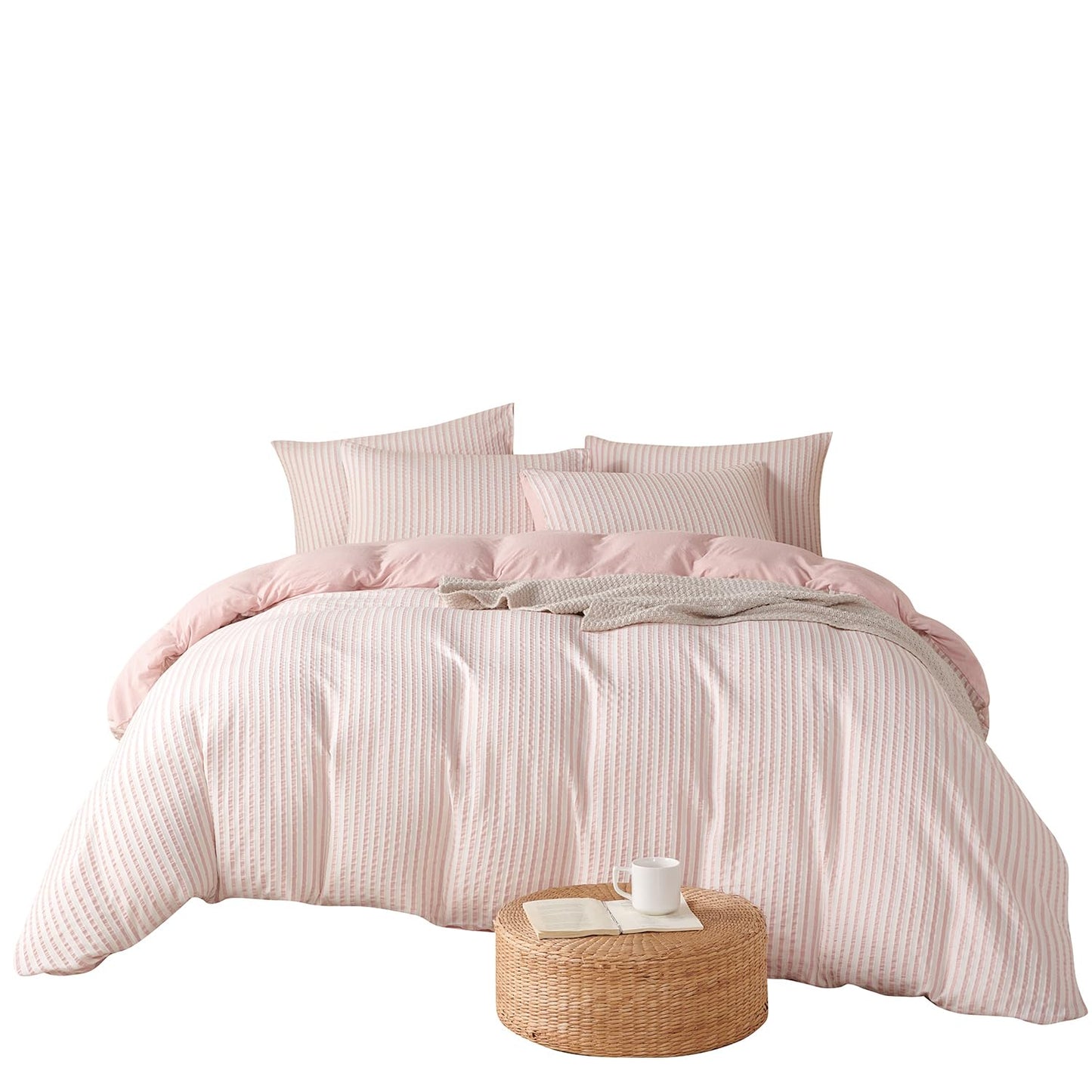 BUPIRD Pink Comforter Set Queen Size Striped 100% Soft Washed Microfiber Jacquard 3 Pieces Striped Bedding Sets Pink White Comforter Queen for All Seasons and 2 Pillowcases Comfort Breathable