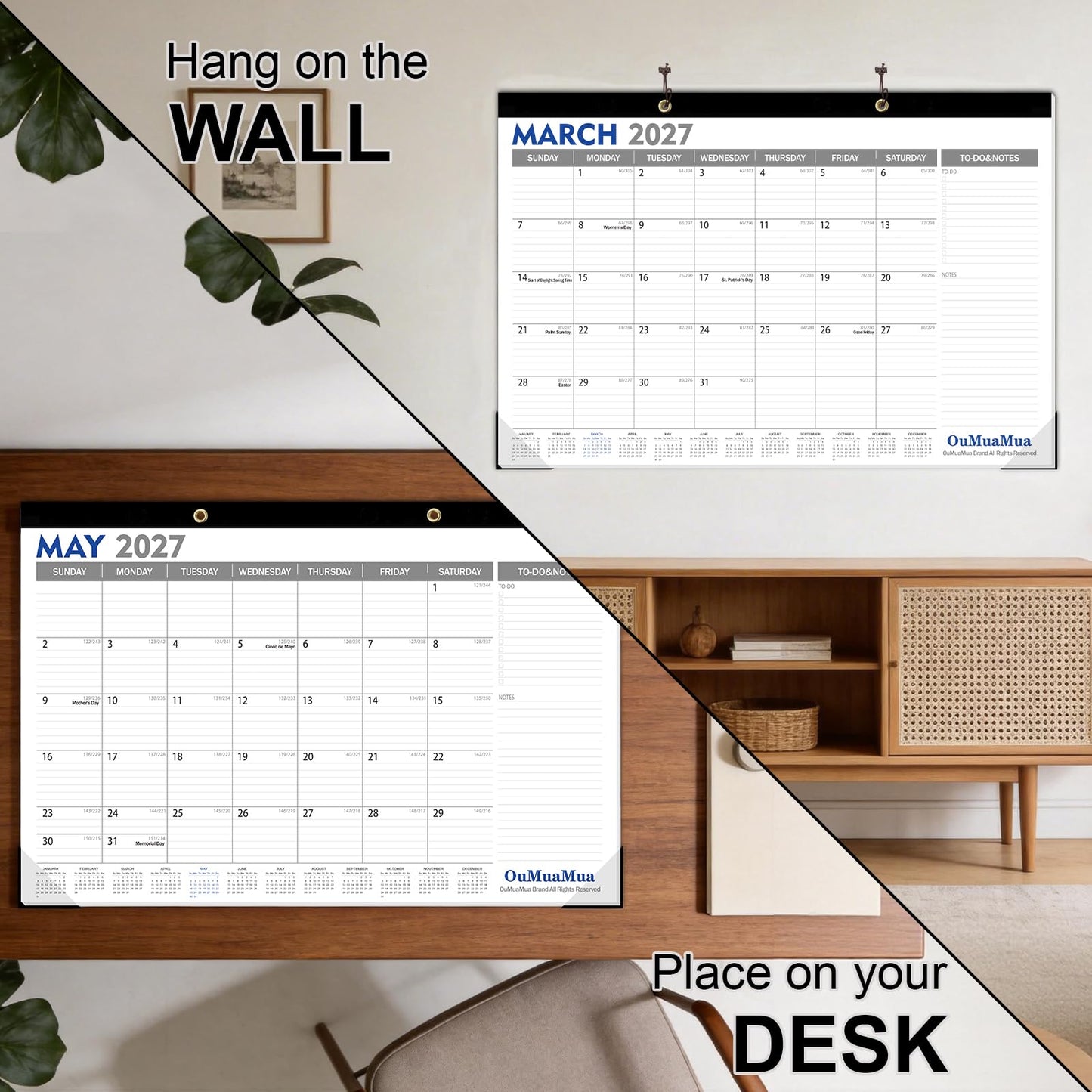 OuMuaMua Extra Large Desk Calendar 2026-2027, 20"x 30" Jumbo Desktop Wall Calendar from Jun. 2026 through Dec. 2027, 19-Month Paper Hanging Planner with Julian Date To-do & Notes, Corner Protectors for School Home Office