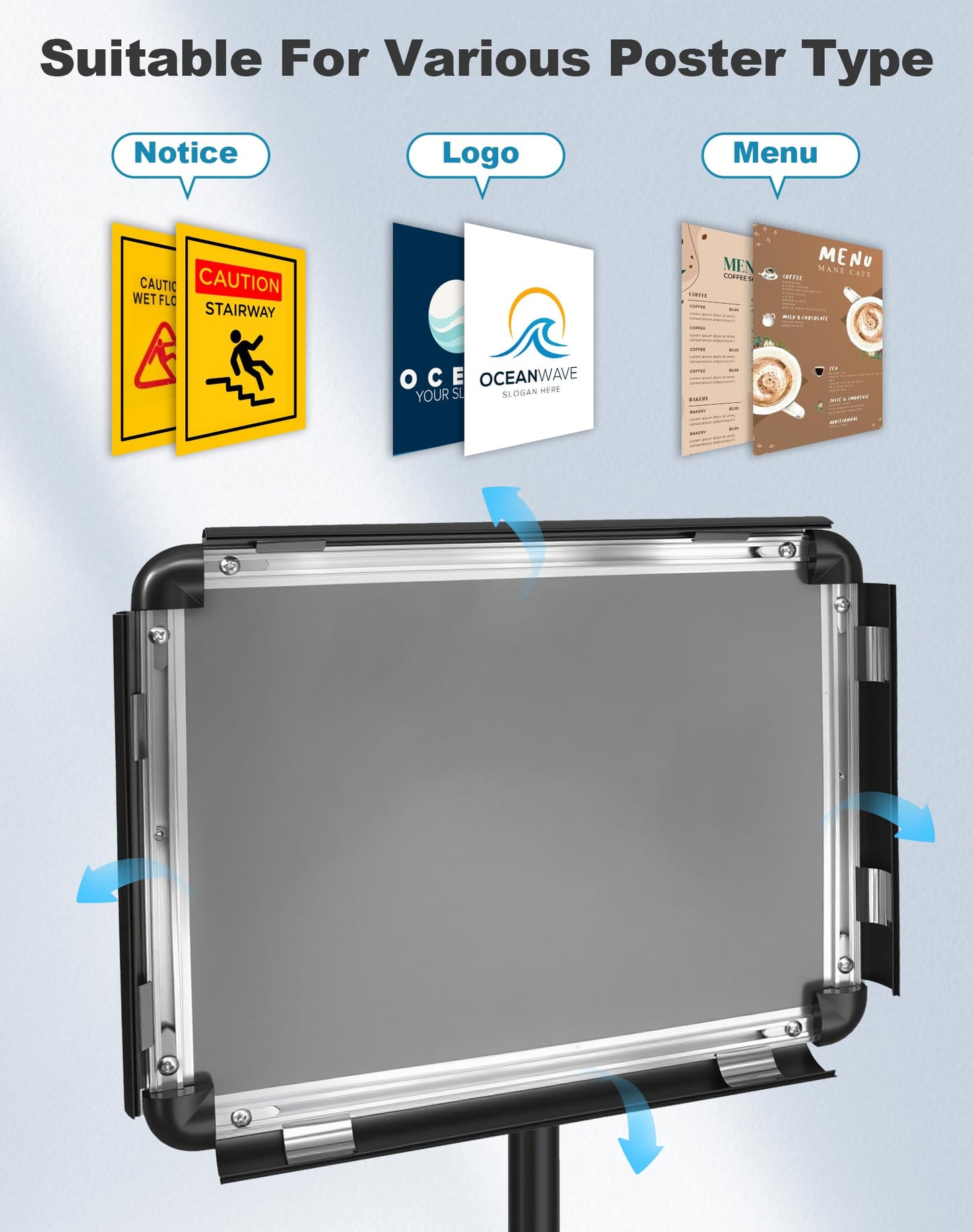 VRAZY 2 Pack Sign Holder Stand 8.5x11 inch for Display, Height Adjustable Floor Standing Signage Stand with 360° Rotated Snap Open Frame for Malls, Schools, Advertising, Outdoor Poster Stand