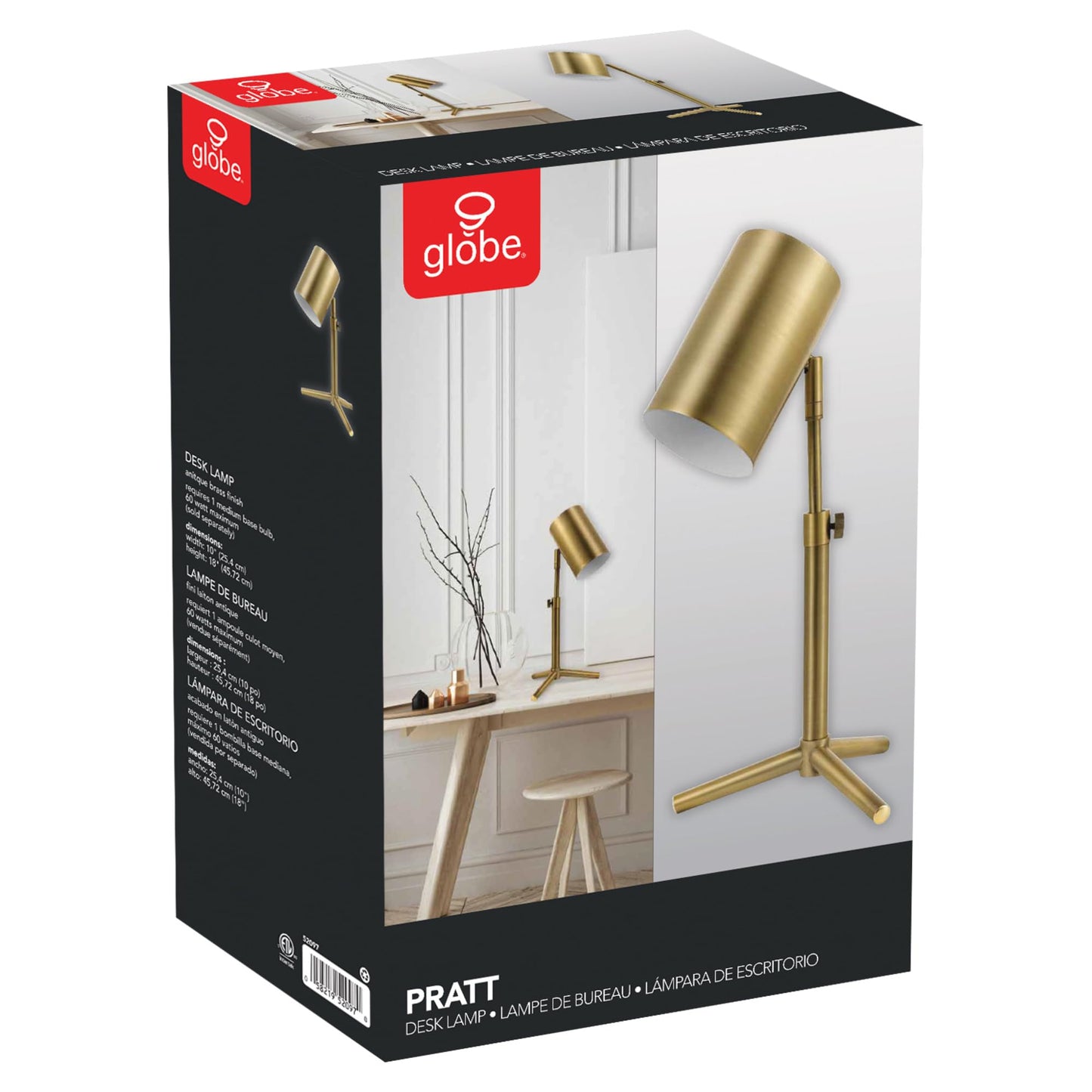 Globe Electric 52097 Pratt 18" Desk Lamp, Matte Brass Finish, Adjustable Height, in-Line Rocker On/Off Switch
