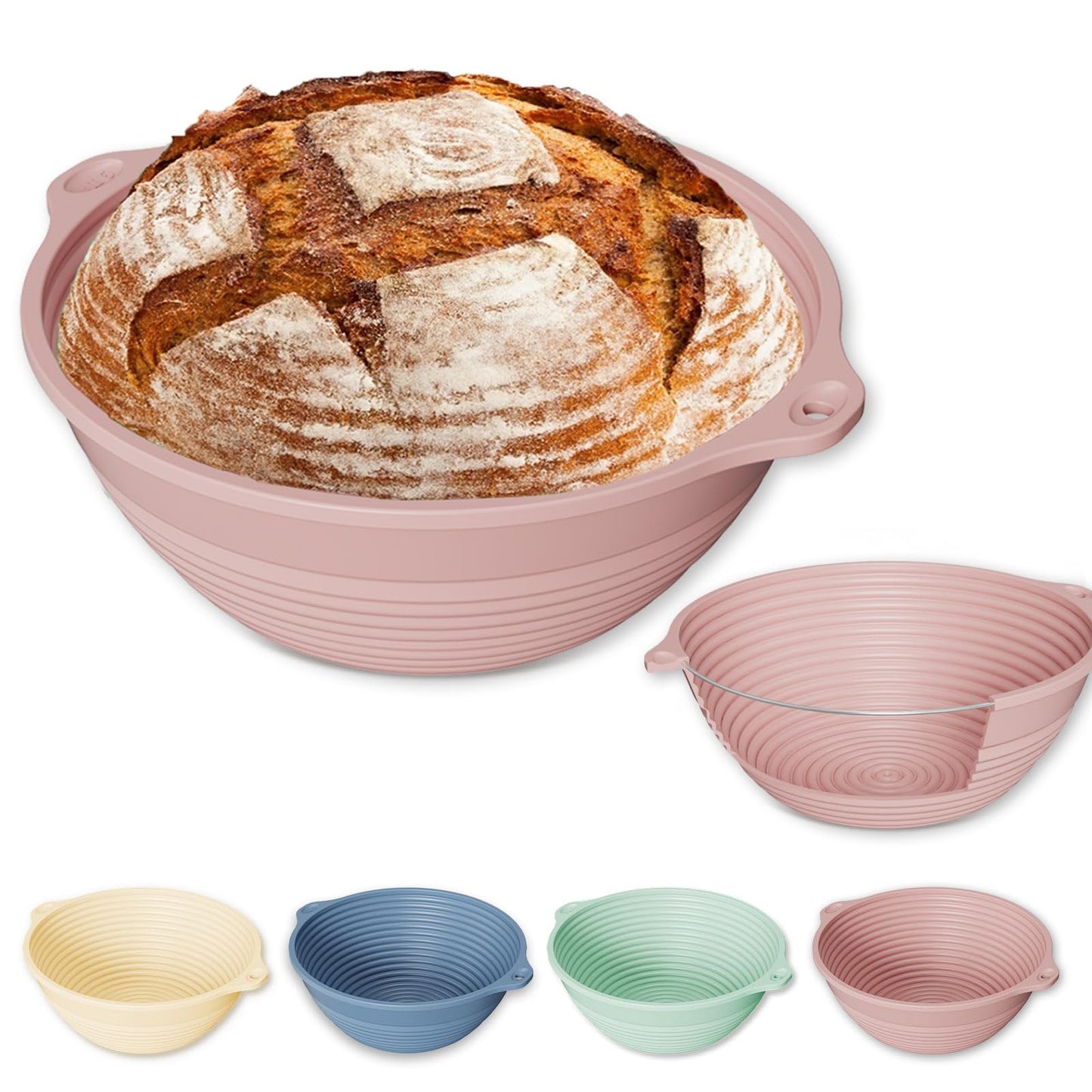 Upgraded 9" Silicone Banneton Bread Proofing Basket 4Pcs, Built-In Reinforced Steel Rim Ring, Collapsible Non-Stick Round Dough Proofing Bowl, with Handles, Oven & Dishwasher Safe, BPA Free