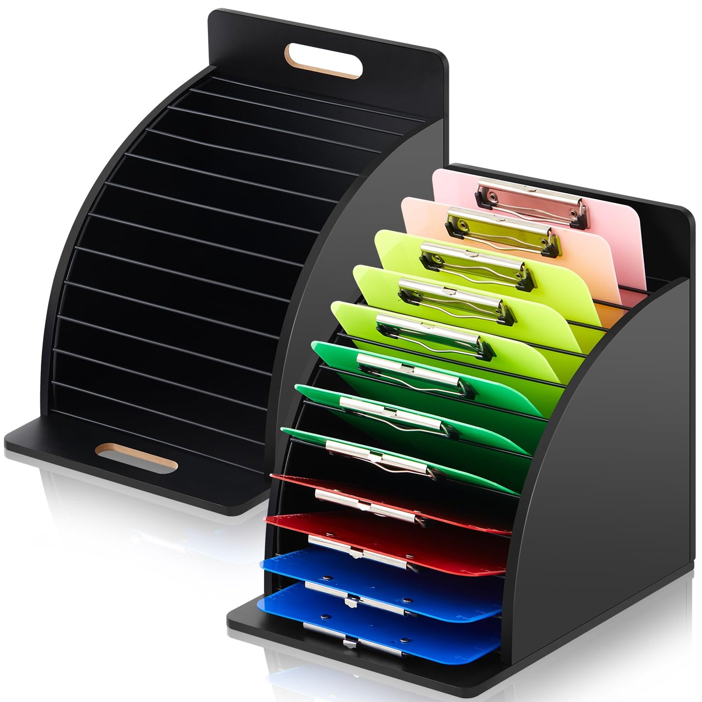 Wonderjune 2 Pcs Wooden Clipboard Holder Storage Metal Rack with Raised Side Panel Clipboard Organization for Classroom Office School Teacher, Clip Boards Not Included(Black)