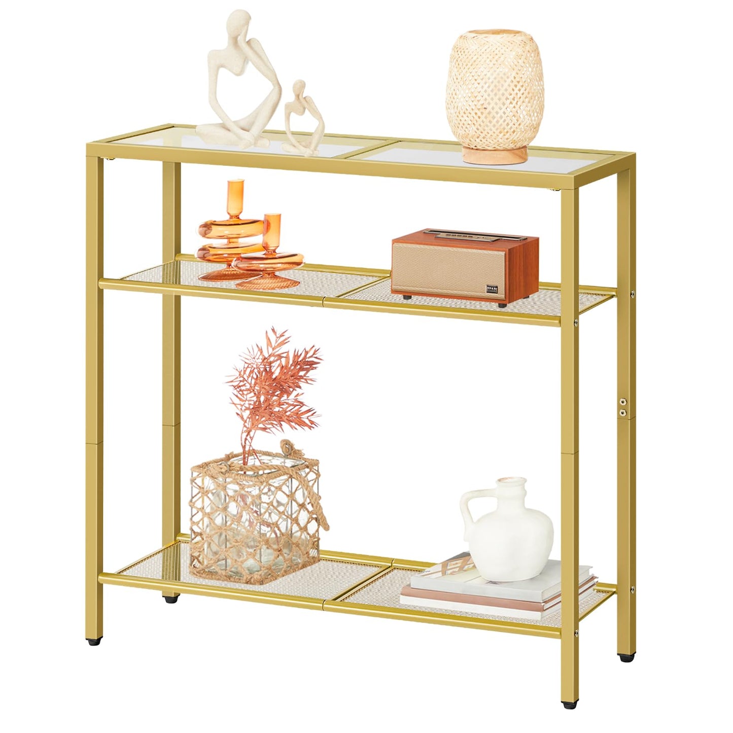 HOOBRO 29.5" Narrow Console Table, 3-Tier Tempered Glass Sofa Table, Modern Entryway Table, for Entrance, Living Room, Foyer, Hallway Bedroom, Gold GD21XG01G1
