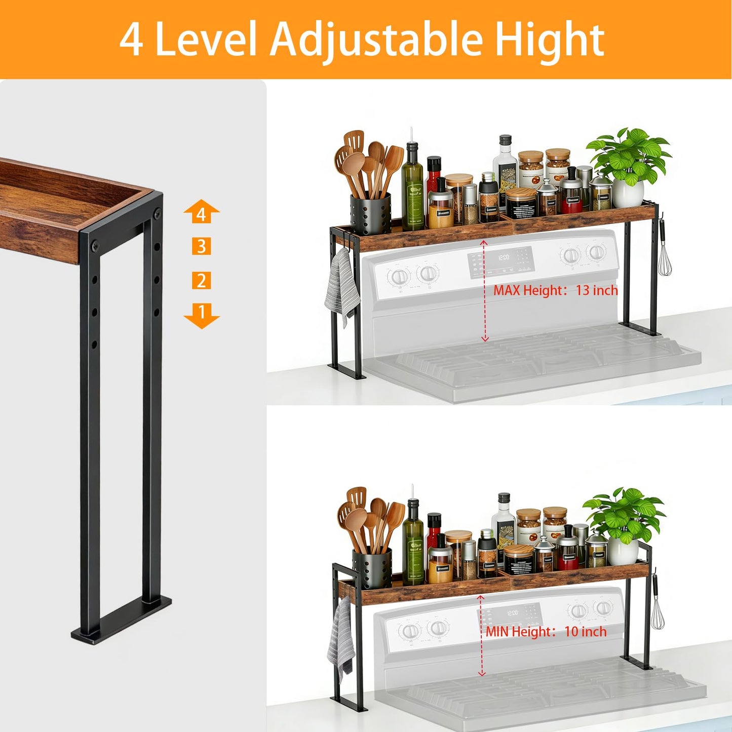EffiJoy Spice Rack Shelf for Kitchen Stove, Over the Stove Shelf with 4 Level Adjustable Height, Over Stove Spice Rack with 4 Hooks, Rustic Brown + Black