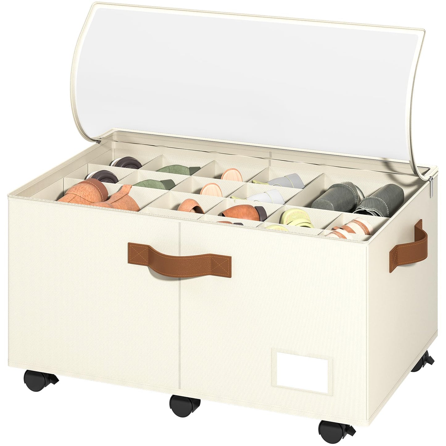 Foyego Shoe Organizer for Closet, Shoe Storage Organizer with Wheels and Adjustable Dividers, Stackable Shoe Storage Box with Clear Cover, Foldable Closet Shoe Organizer Fits up to 24-48 Pairs, Beige