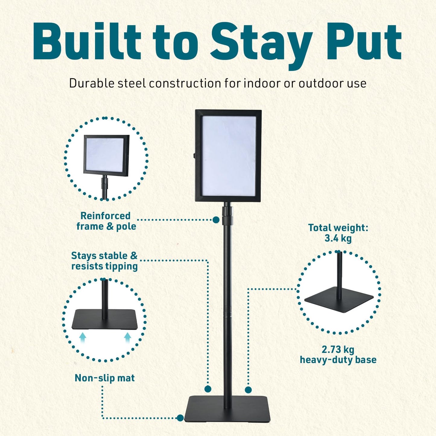 1 PACK Double-Sided Adjustable Heavy Duty Pedestal Sign Holder Stand for Display - Indoor/Outdoor Floor Sign Stand with Base 8.5x11 inches (Horizontal and Vertical Orientation) - includes dry erase marker