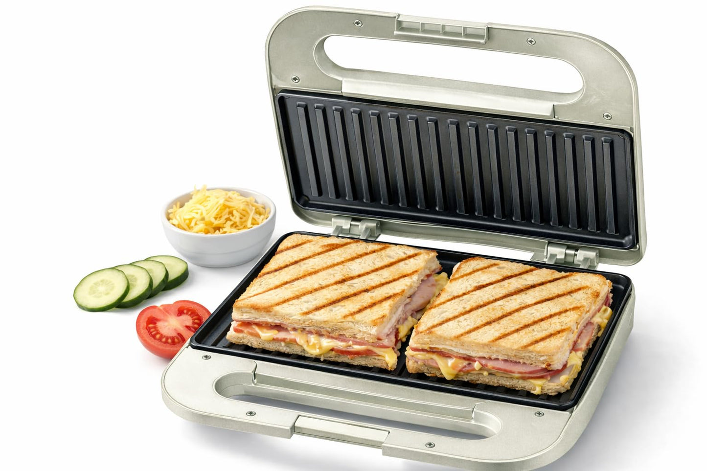 Living+ 9-Inch Electric Grill & Panini Press – Non-Stick Indoor Grill, 2-Slice Panini Grill Press Sandwich Maker with Indicator Lights, Overheat Protection, Cool Touch Housing, Wood Trim Design, 760W