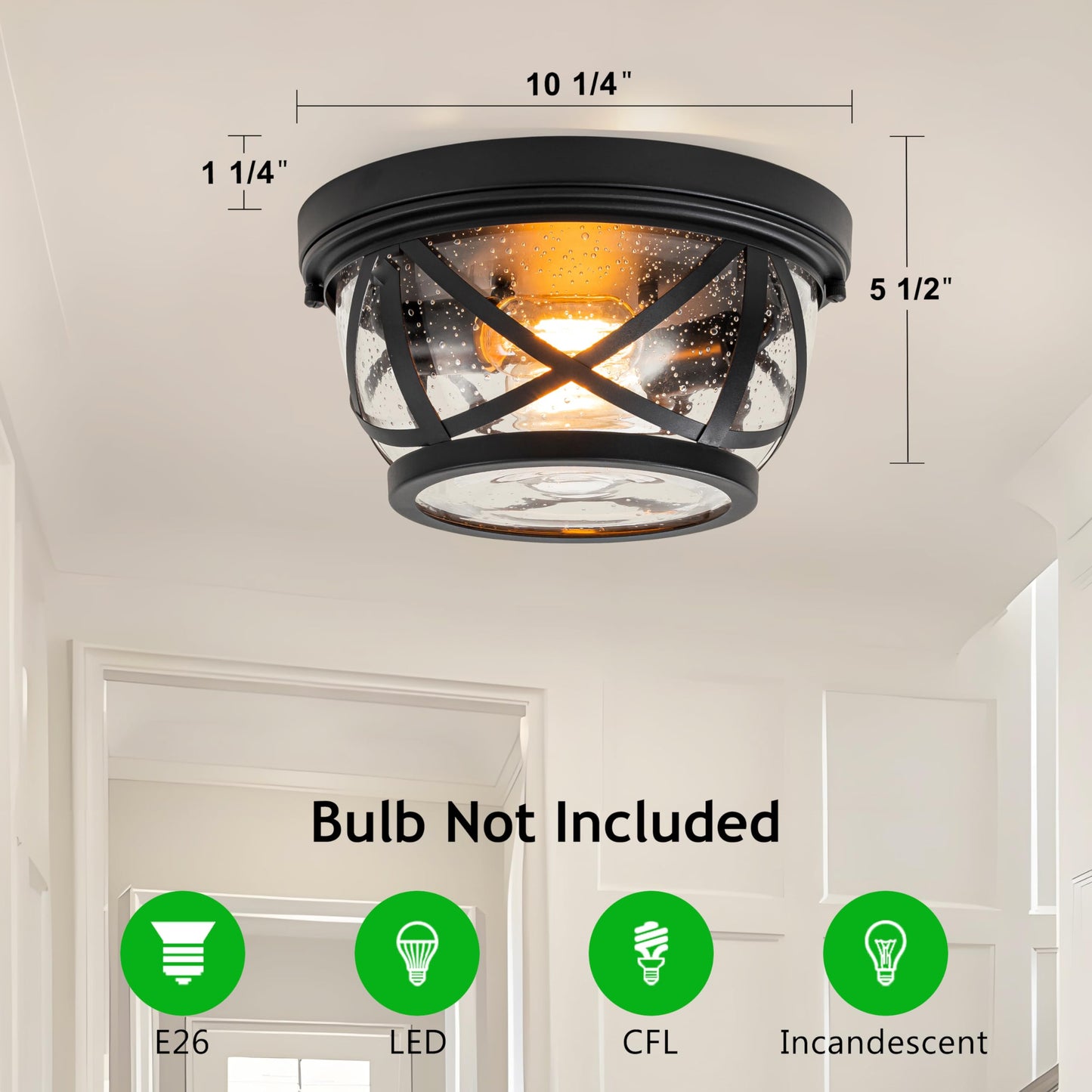 Flush Mount Ceiling Light Fixture Black, 2-Light Modern Farmhouse Porch Light Ceiling Mount for Outdoor, Indoor Flush Mount Lights Fixture for Hallway Foyer Kitchen Bathroom with Seeded Glass