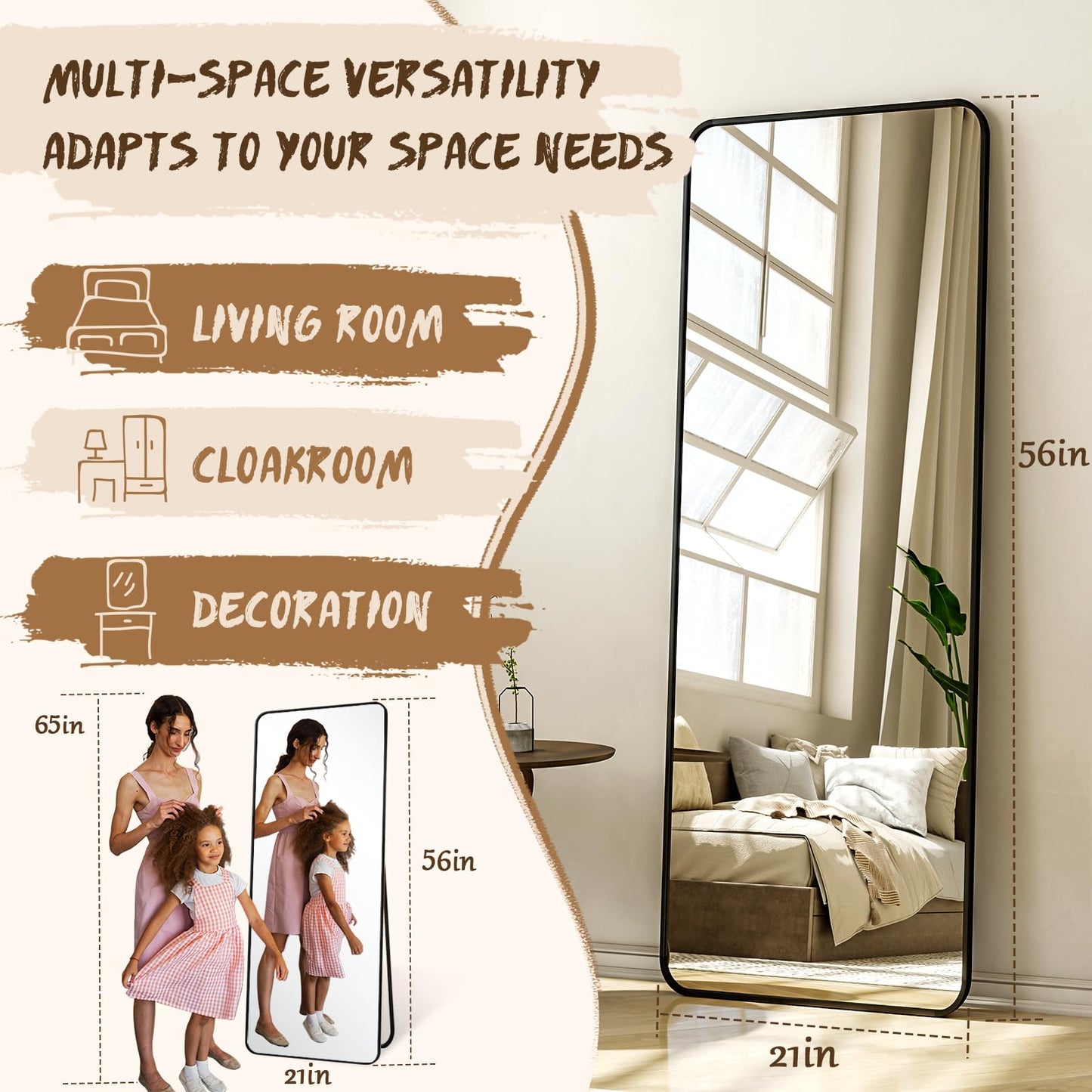 XRAMFY 56"x21" Floor Full Length Mirror Standing Full Body Rounded Corner Rectangle Mirrors with Stand Hanging Wall Mounted Leaning Bedroom Living Room Bedroom Cloakroom,Black