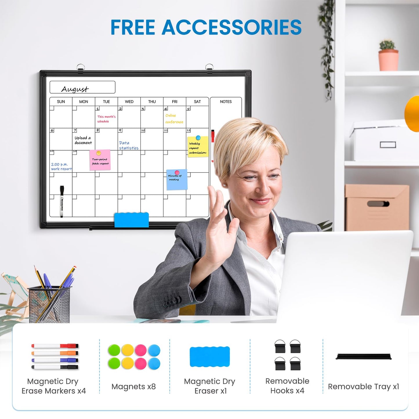 Monthly Calendar Dry Erase Whiteboard, 24" x 18" Magnetic Calendar White Board, Double-Sided Portable Board with Black Aluminium Frame for Office, Kitchen, School, Home