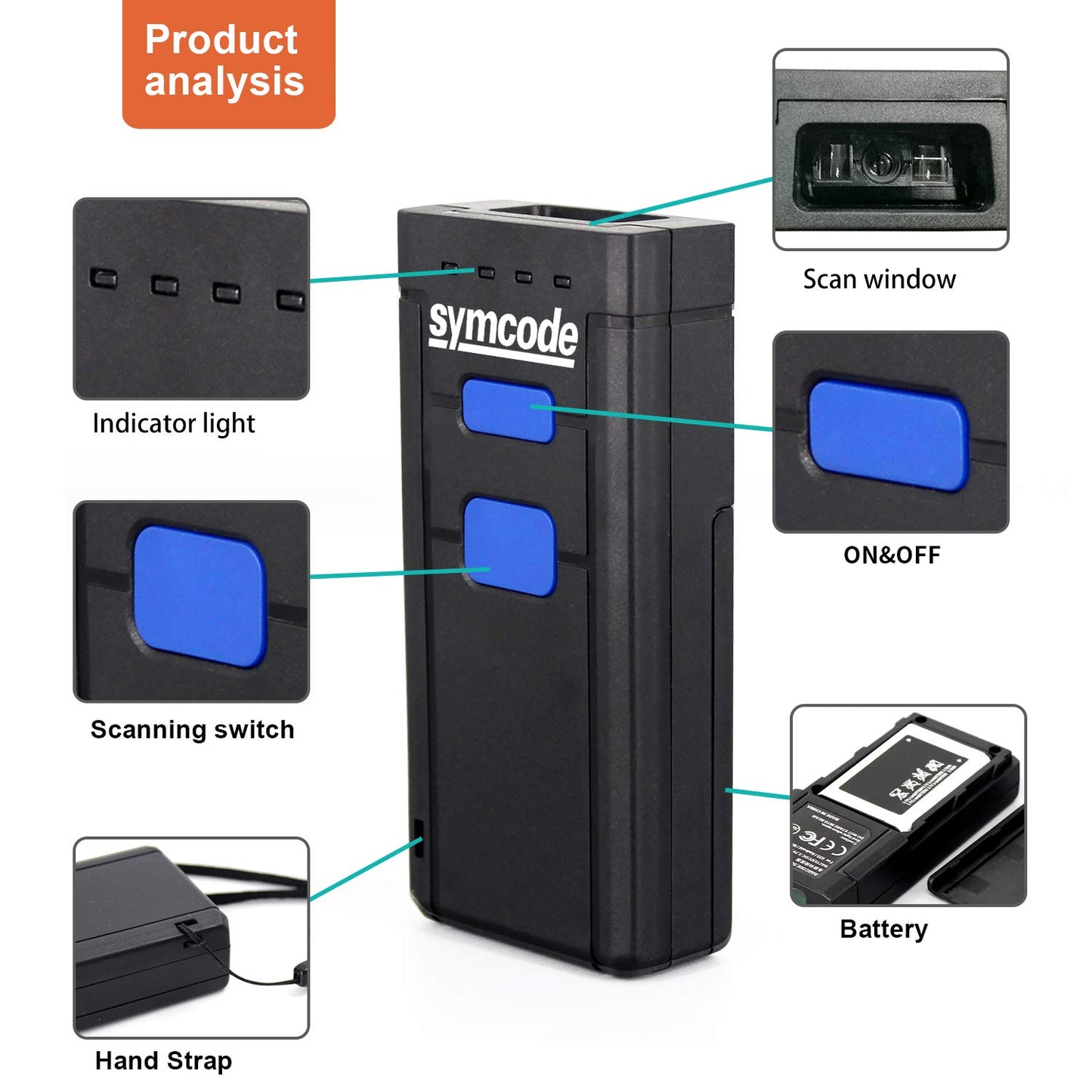 Symcode 2D Bluetooth Barcode Scanner,1D 2D Mini Wireless Handheld CMOS Barcode Scanner with Bluetooth5.0 & 2.4G Wireless Connection,Portable QR Code Reader Compatible for QR PDF417 Data Matrix