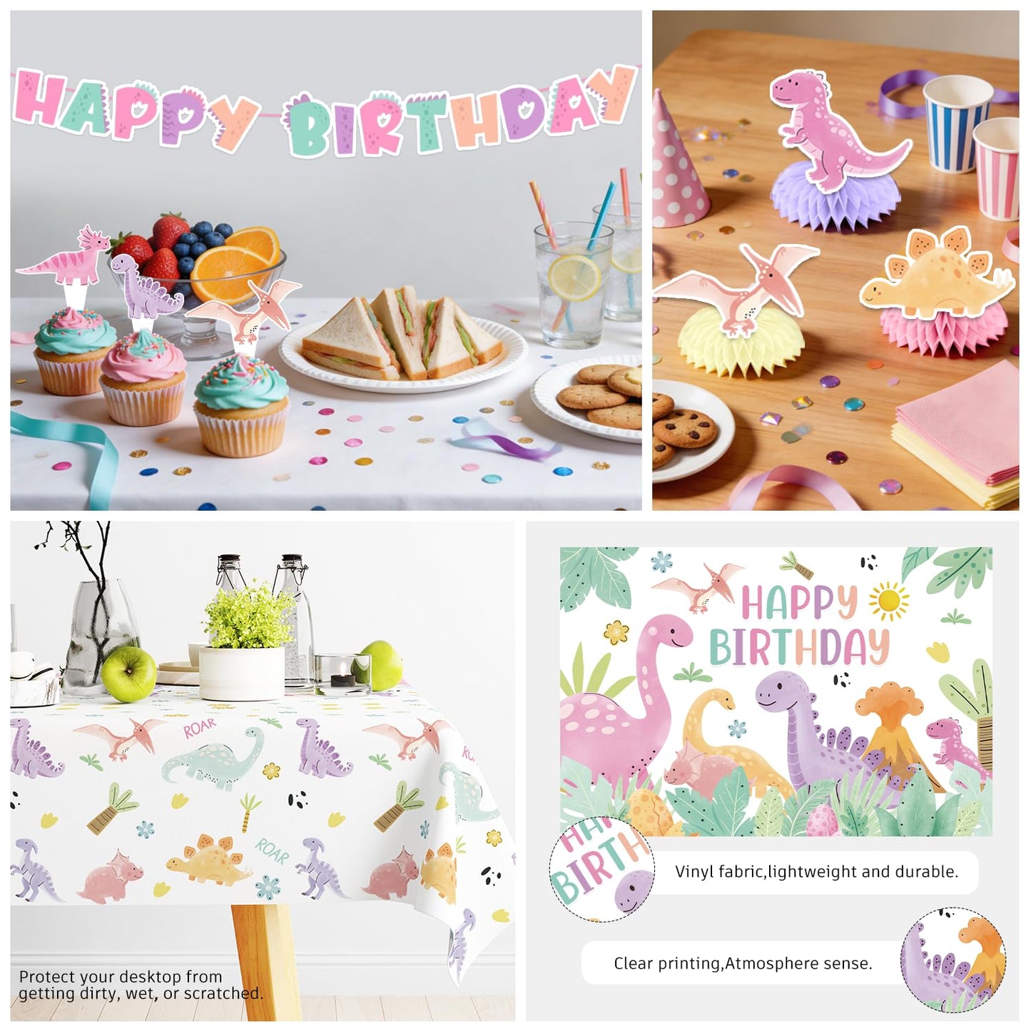 Fexivo 293pcs Pink Dinosaur Birthday Decorations for Girl, Worry-free One-stop Set for 25 Guests, with Dinosaur Balloon Arch, Plates and Dino Cupcake Stand, Easy Setup for Dinosaur-Themed Party