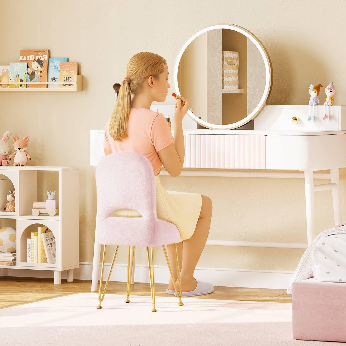 GREENSTELL Vanity Stool Chair with Storage and Folding Back, 13.4" x 15" x 30" Square Faux Fur Soft Ottoman, 4 Metal Legs with Anti-Slip Feet, Furry Padded Seat for Makeup, Bedroom, Pink