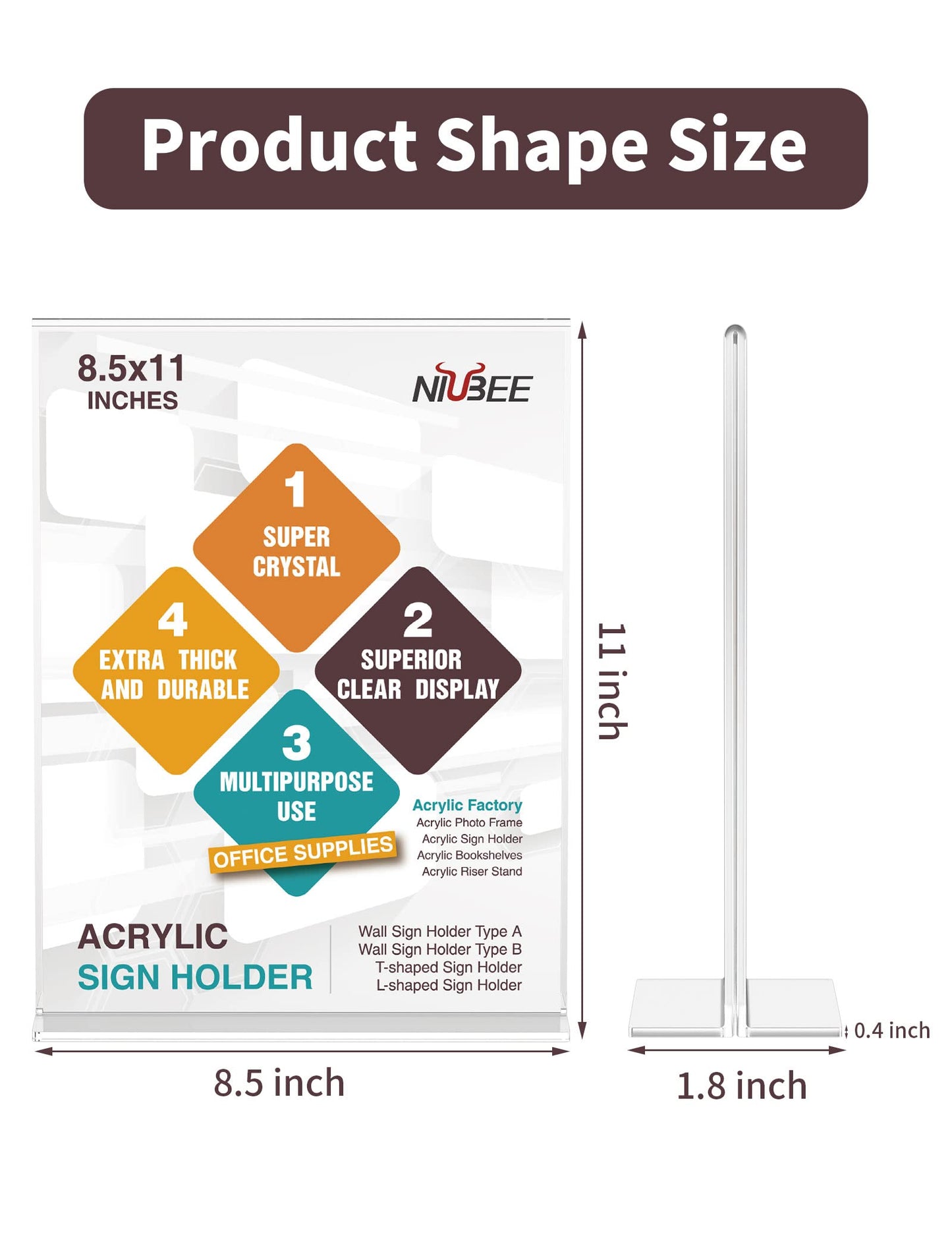 NIUBEE 6 Pack Acrylic Sign Holder 8.5 x 11 - T Shape Double Sided Table Top Display Stand, Portrait Upright Photo Picture Frame Wedding Menu Ad Holder