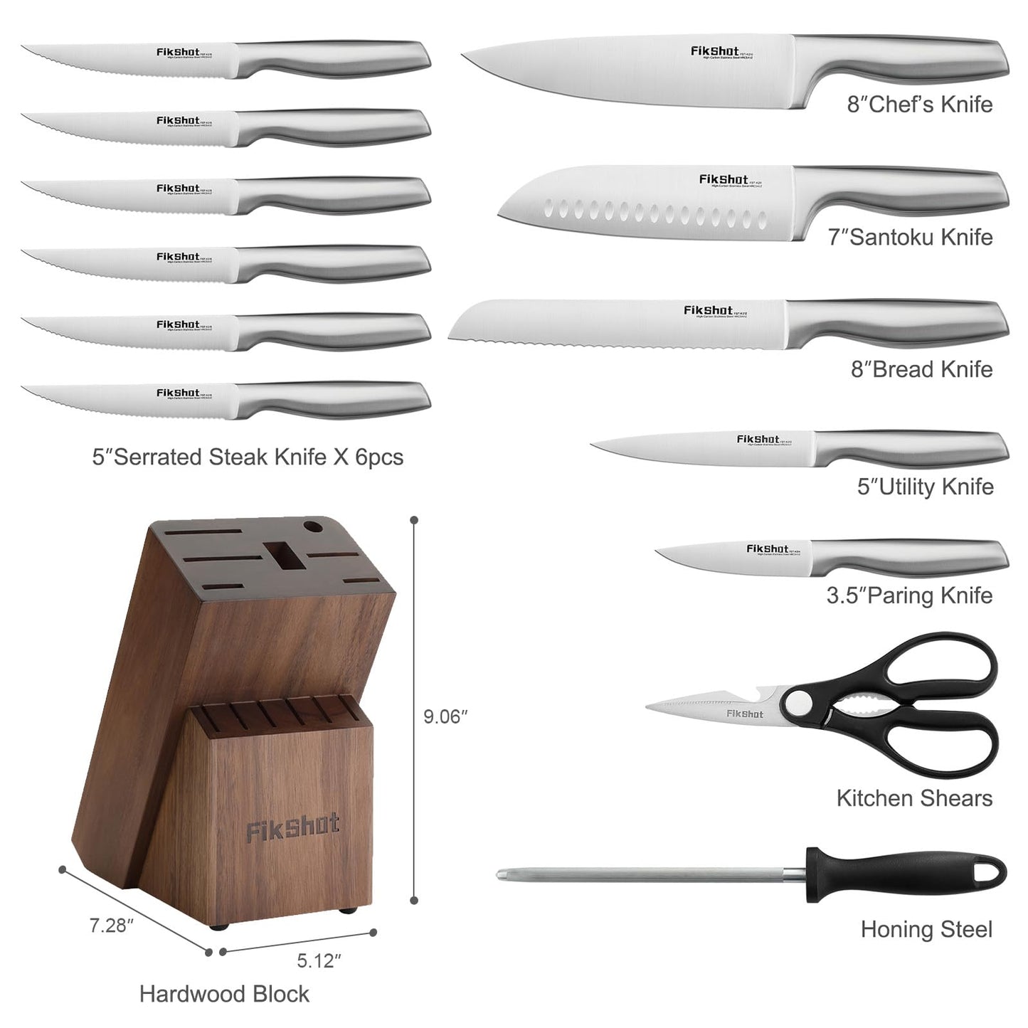 FIKSHOT 14 Pieces Knife Block Set German Stainless Steel with Block, Razor-Sharp Santoku Knives, Fruit & Kitchen Knives, Rust Resistant for Homecooks (Silver + Walnut)