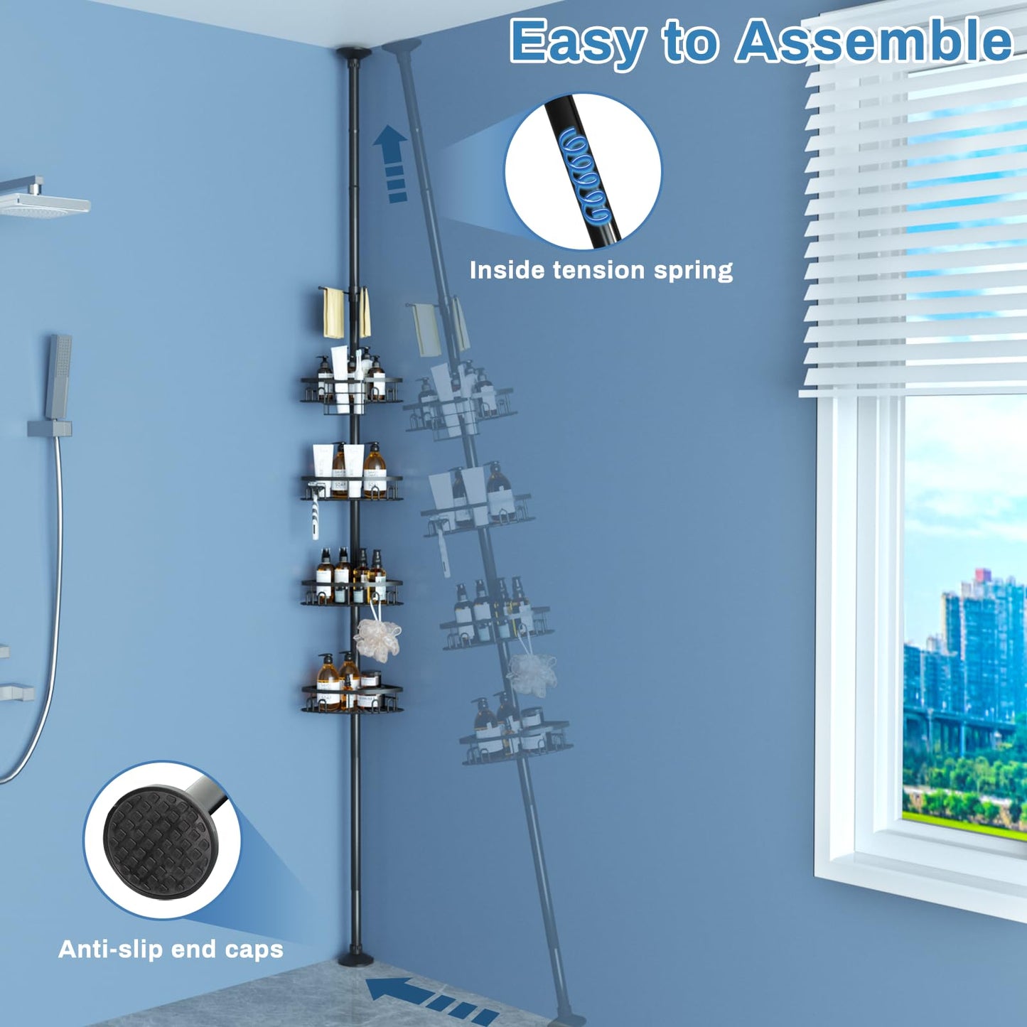 cutefafa Rustproof Corner Shower Caddy Tension Pole, 4 Large Baskets for Bathtub Shampoo Storage Organizer Bathroom Height Adjustable Shelves from 23.6 to 114.5 Inch with Towel Bar